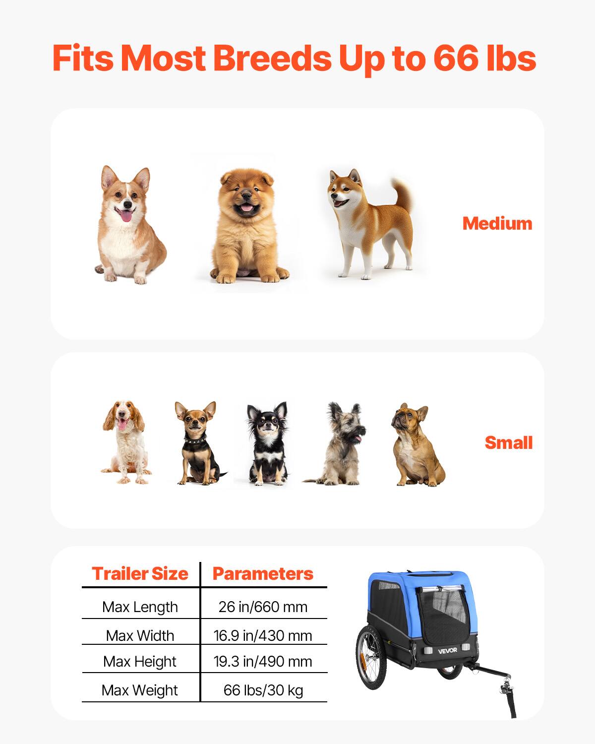 Fits Most Breeds Up to 66 lbs

Medium

Small

Trailer Size | Parameters
--- | ---
Max Length | 26 in/660 mm
Max Width | 16.9 in/430 mm
Max Height | 19.3 in/490 mm
Max Weight | 66 lbs/30 kg

VEVOR