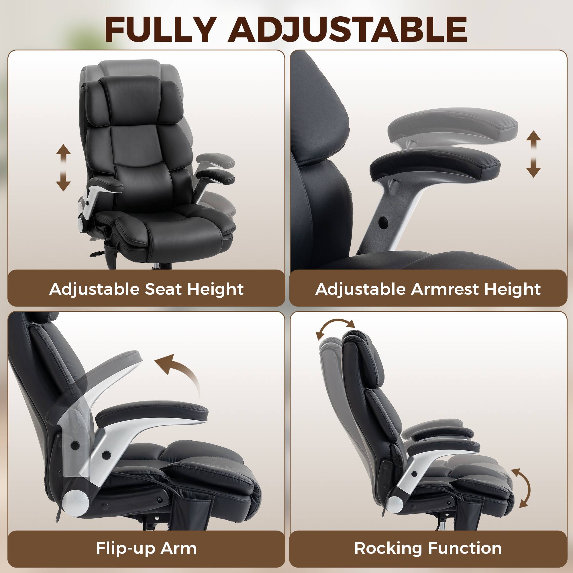 FULLY ADJUSTABLE

- Adjustable Seat Height
- Adjustable Armrest Height
- Flip-up Arm
- Rocking Function