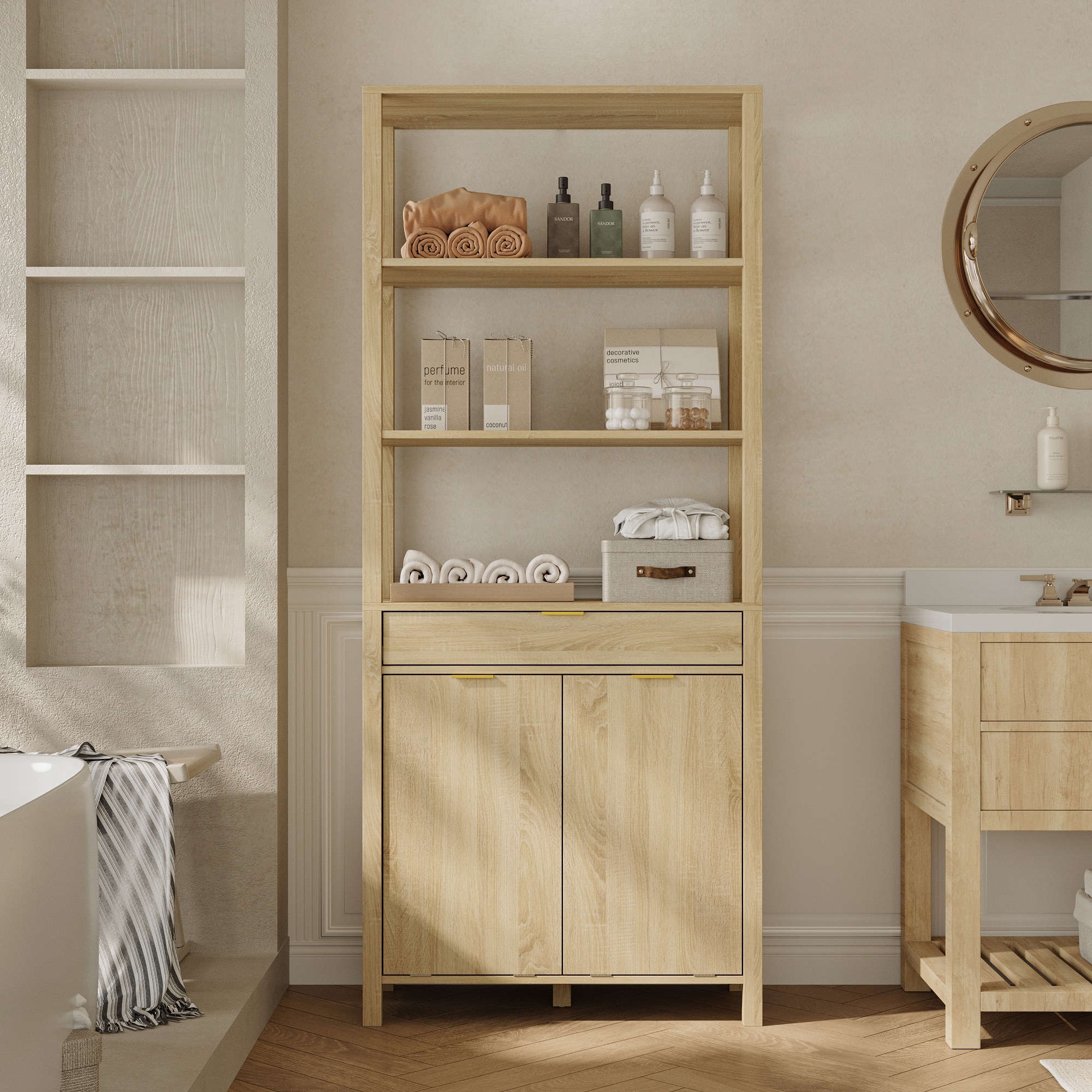 Famapy - Luxury Bathroom Storage Cabinet with Hamper, Tall Organizer for Towels, Toiletries, Laundry Room - Wooden