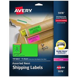 Avery - Sure Feed Laser Shipping Labels, 2" x 4" Neon, 150 Labels/Pack - Green/Pink/Yellow
