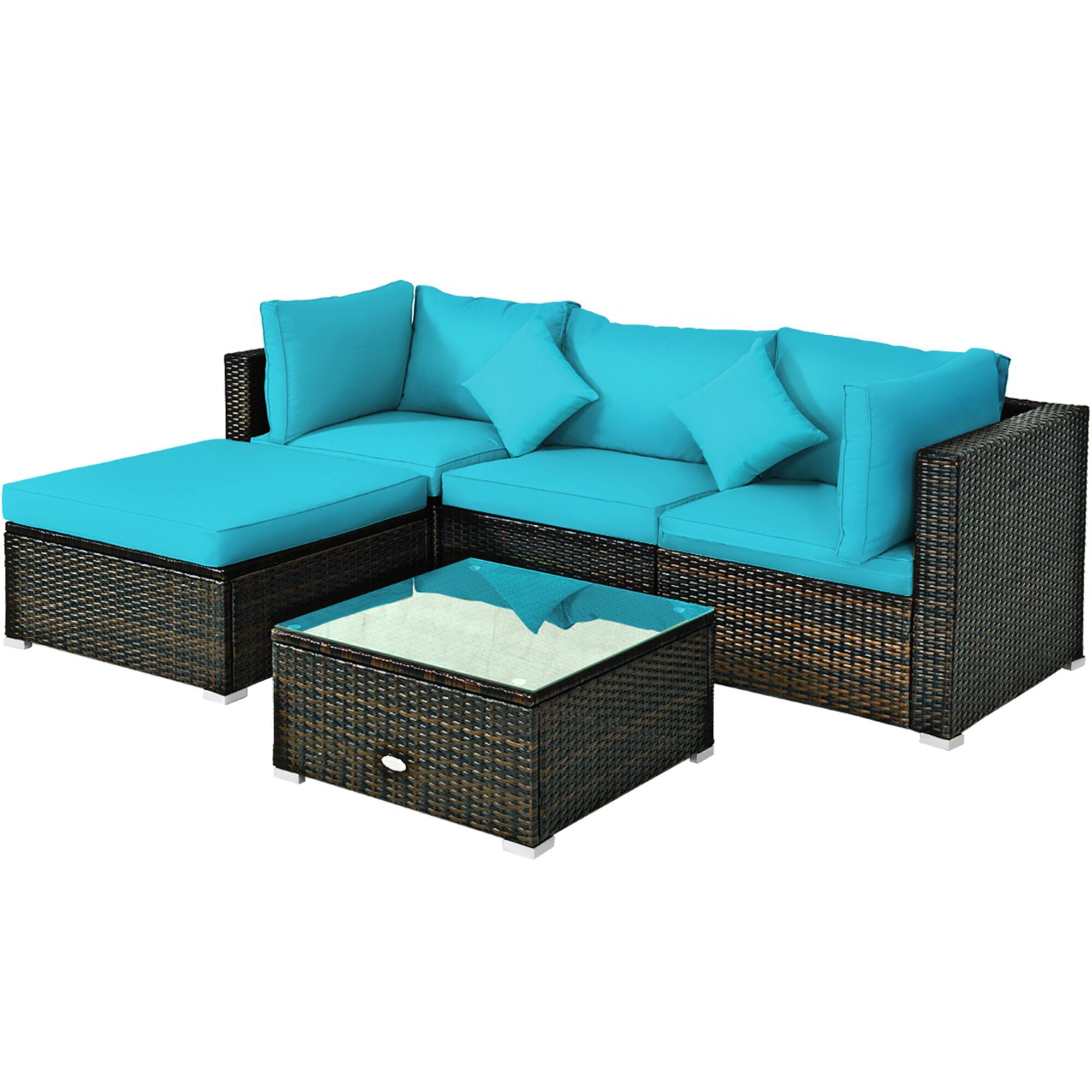 Alt View 1. Gymax - Gymax 5PCS Rattan Patio Conversation Set Outdoor Furniture Set w/ Ottoman Turquoise Cushion - Turquoise.