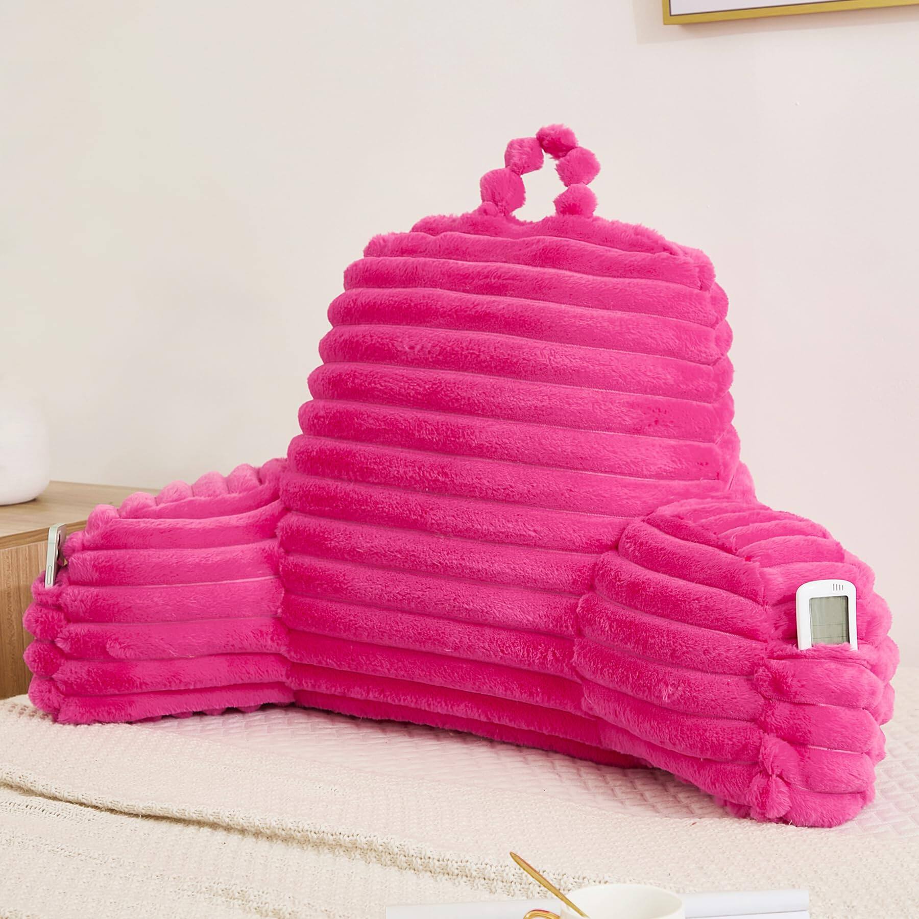 Front. MAGICAL RUBS - Faux Fluffy Pink Reading Pillow With Pockets Luxury Striped Plush Decorative Arm Rests And Support For Bed Rest Loung... - Hot Pink X-Large.