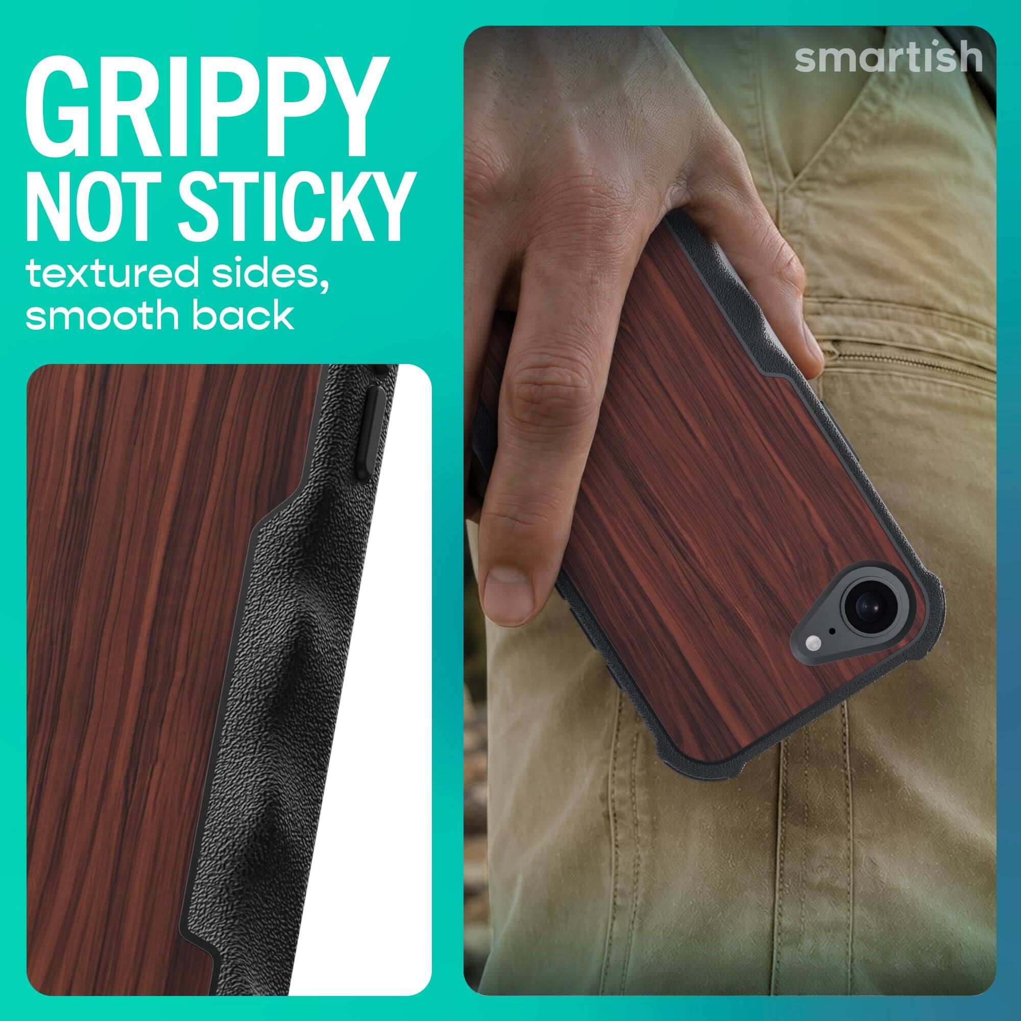 GRIPPY NOT STICKY  
textured sides, smooth back  
smartish
