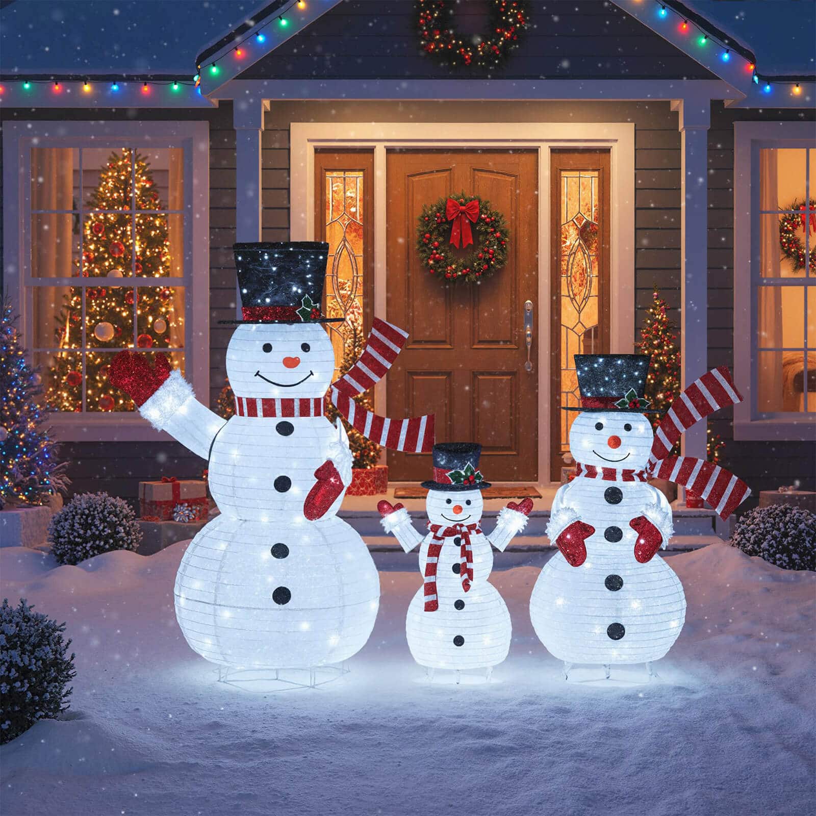 Costway - 3PCS Pre-Lit 3D Snowman Set with 270 LED Lights for Home Lawn Yard Garden Plug in Advent Calendar - Multicolor