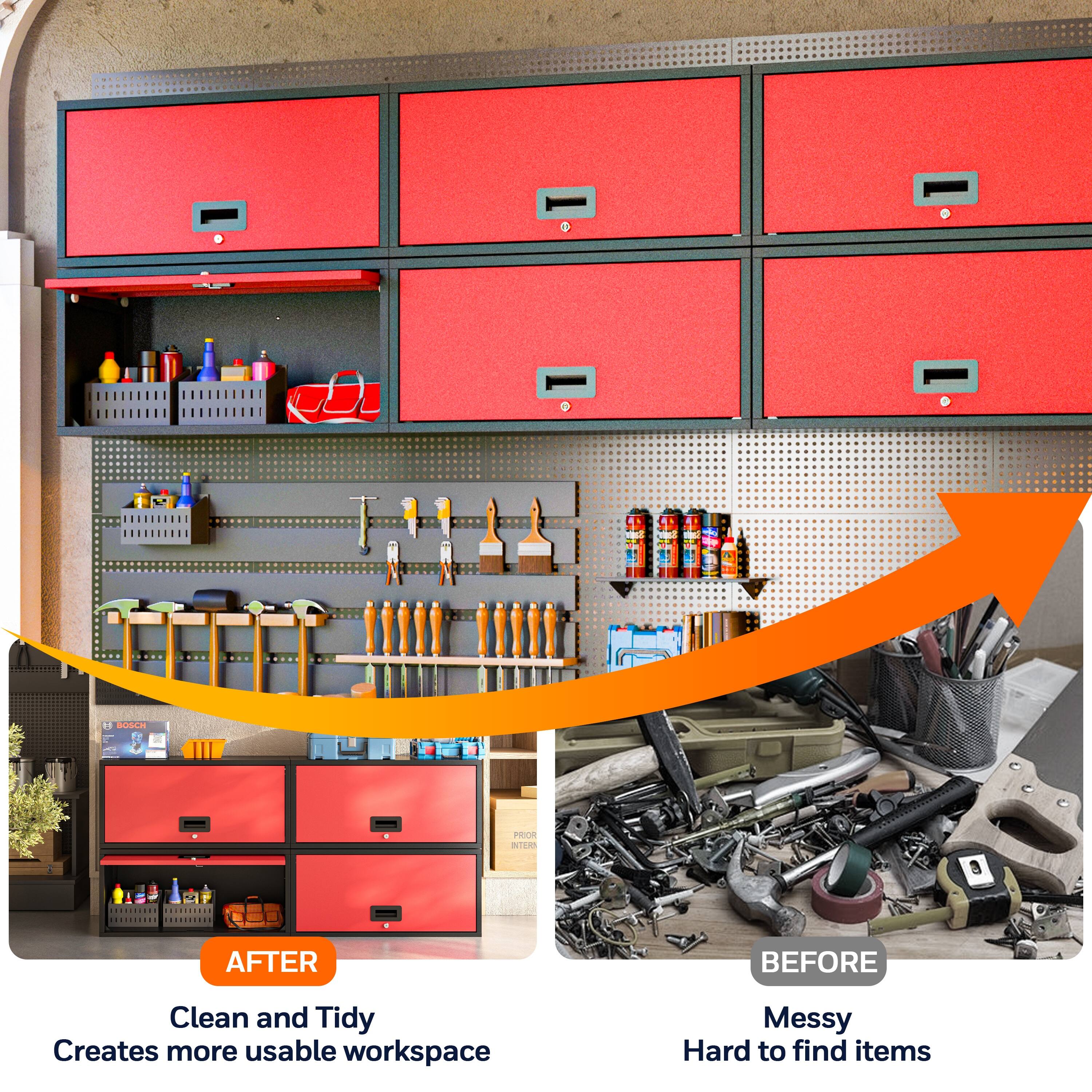 **AFTER**  
Clean and Tidy  
Creates more usable workspace

**BEFORE**  
Messy  
Hard to find items