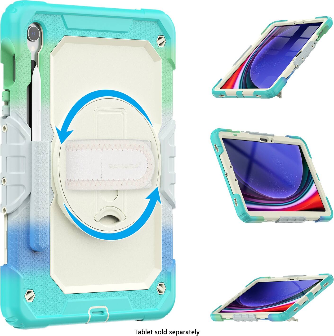 The image features a blue and white case for a tablet, which is sold separately. The case is designed to protect the tablet from scratches and other damages. The case is shown in various positions, including a close-up view and a rotating view, to showcase its features and design.