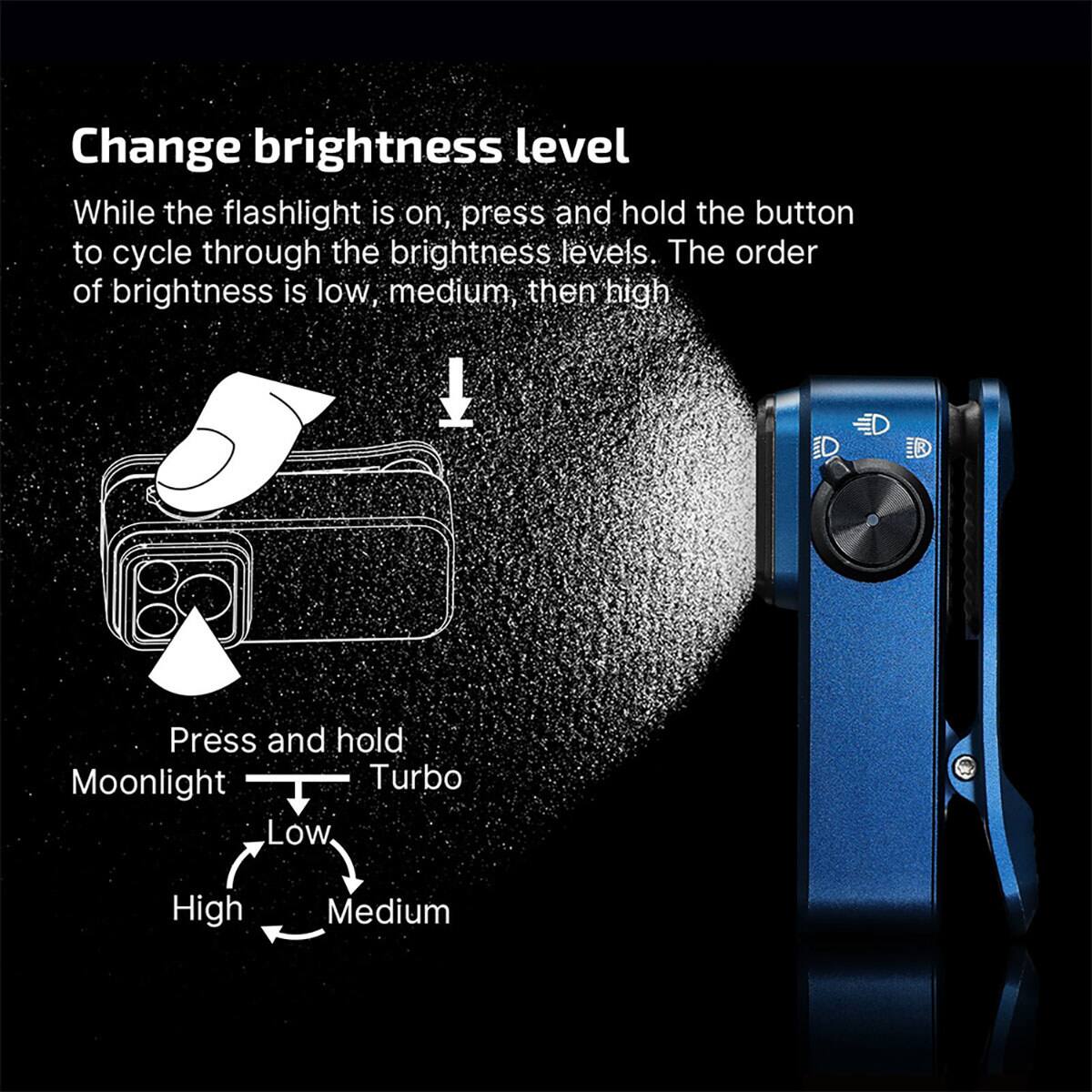 Change brightness level

While the flashlight is on, press and hold the button to cycle through the brightness levels. The order of brightness is low, medium, then high.

Press and hold
Moonlight Turbo
Low High Medium