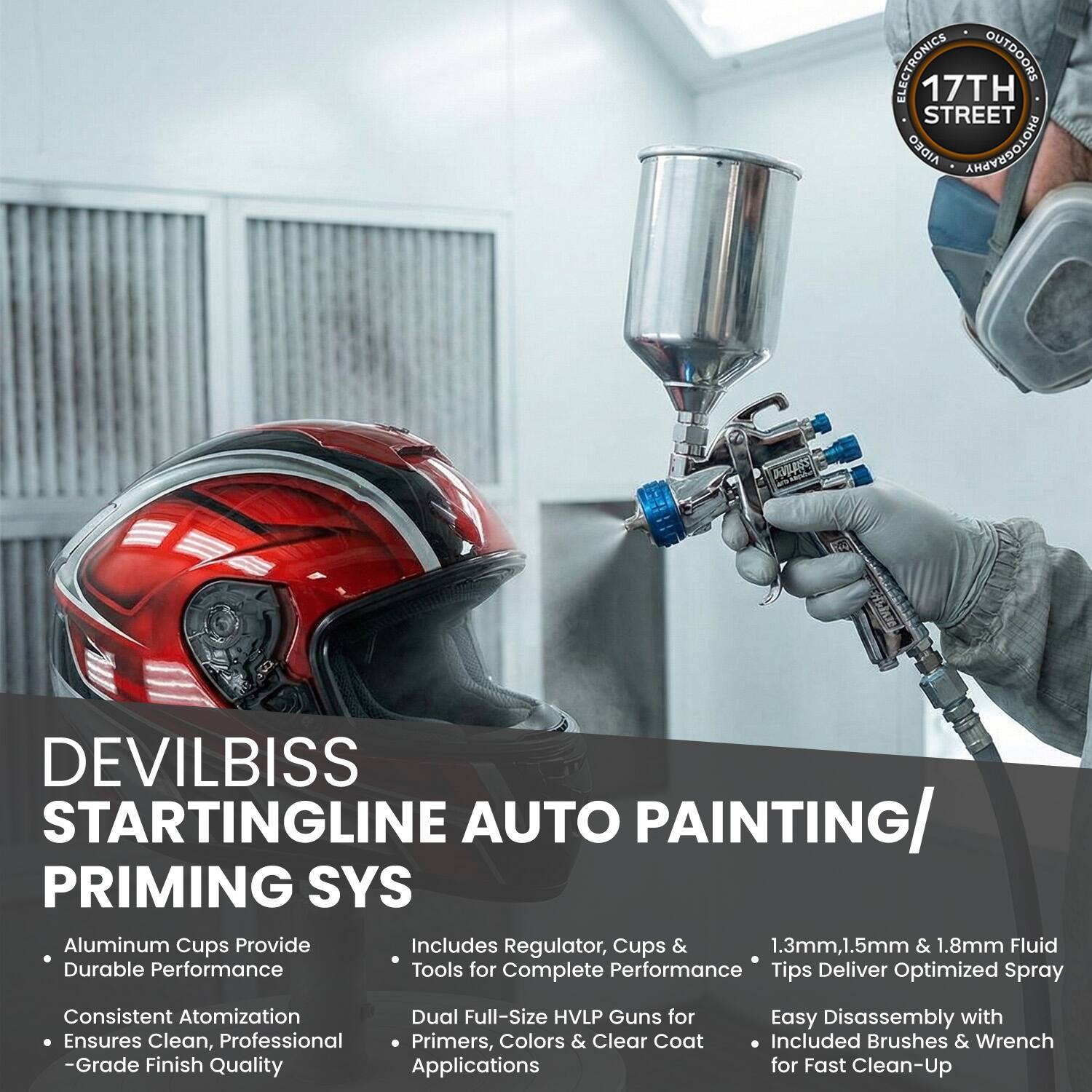 ELECTRONICS OUTDOORS 17TH STREET AIDEO ANEEDOLOGH nthntorsri DEVILBISS STARTINGLINE AUTO PAINTING/ PRIMING SYS

Aluminum Cups Provide Durable Performance
Consistent Atomization Ensures Clean, Professional -Grade Finish Quality

Includes Regulator, Cups & Tools for Complete Performance
Dual Full-Size HVLP Guns for Primers, Colors & Clear Coat Applications

1.3mm, 1.5mm & 1.8mm Fluid Tips Deliver Optimized Spray
Easy Disassembly with Included Brushes & Wrench for Fast Clean-Up