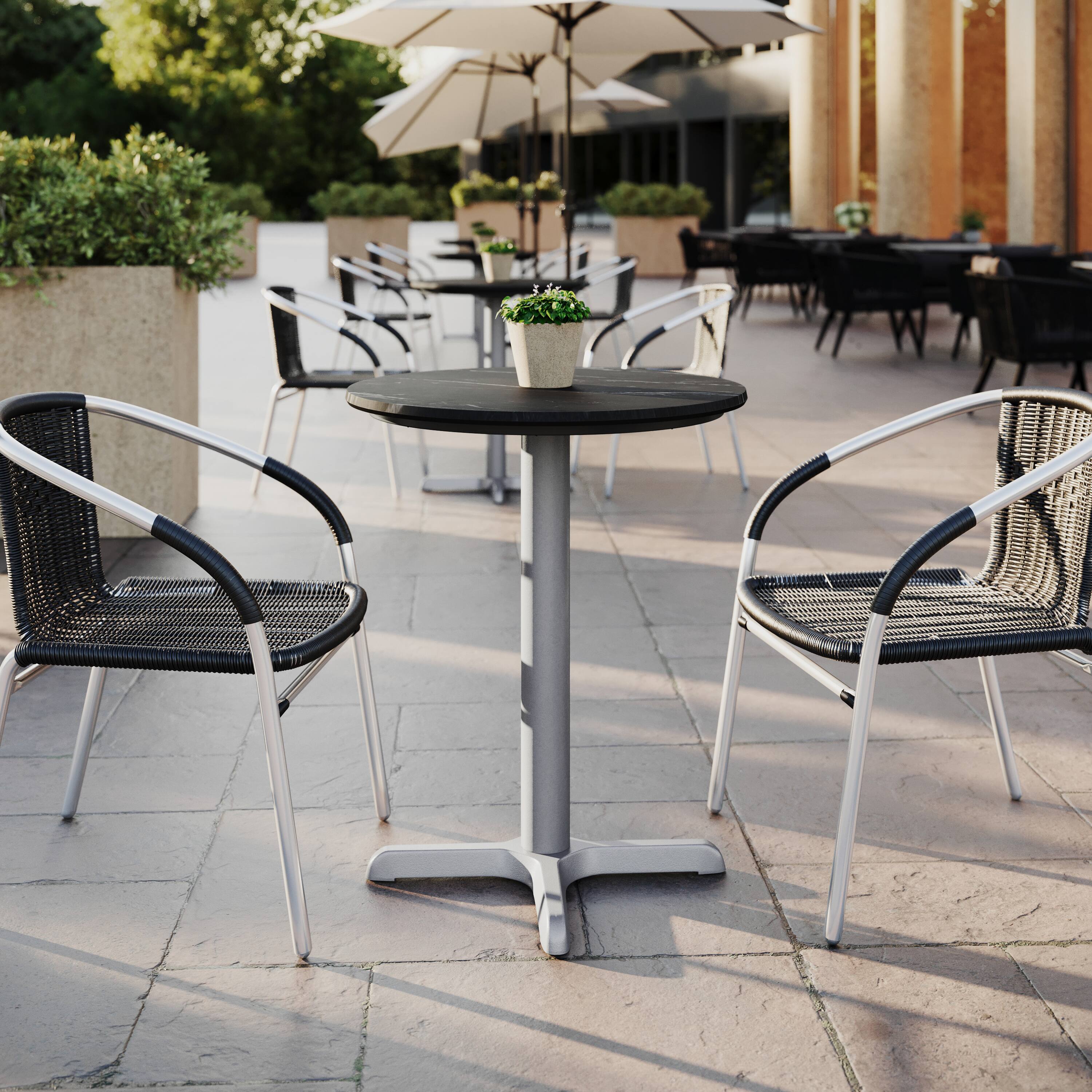 Alt View 1. Emma + Oliver - PureShield Indoor Outdoor Tabletop with Seam-Free Surface Innovation and Cast Iron Bistro Table Base - Black Faux Marble/Silver Base.