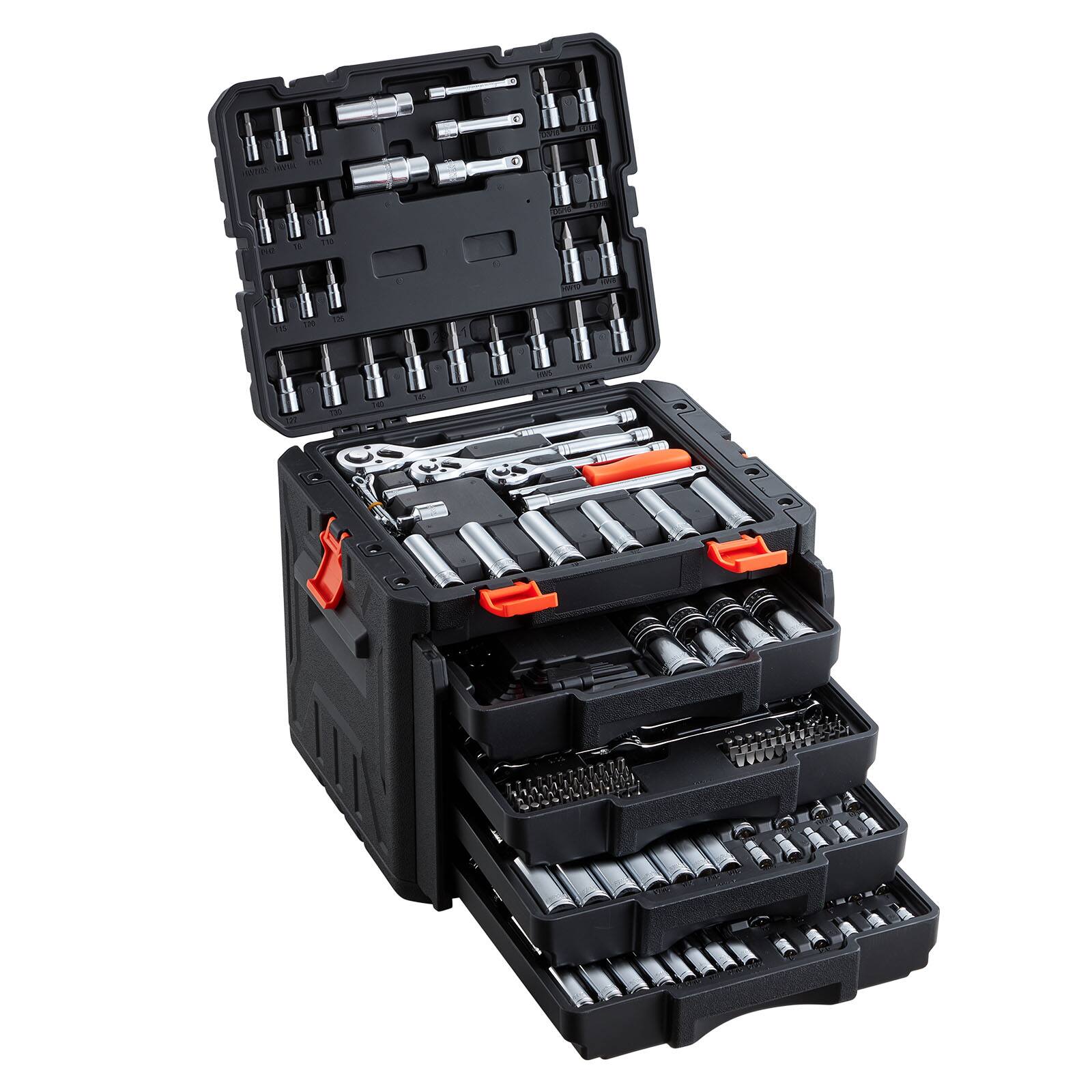 Alt View 5. VEVOR - Mechanics Tool Set, 297-Piece Mechanic Tool Kit, 1/4 in, 3/8 in, and 1/2 in Drive, SAE and Metric Socket Set, Wrenches - Black.