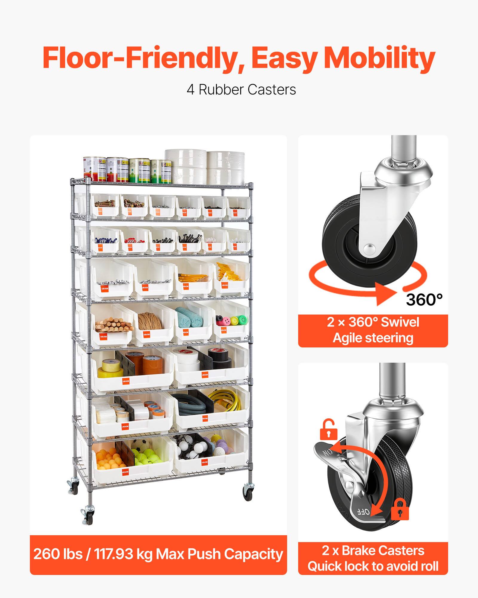 Floor-Friendly, Easy Mobility

4 Rubber Casters

2 x 360° Swivel Agile steering

260 lbs / 117.93 kg Max Push Capacity

2 x Brake Casters Quick lock to avoid roll