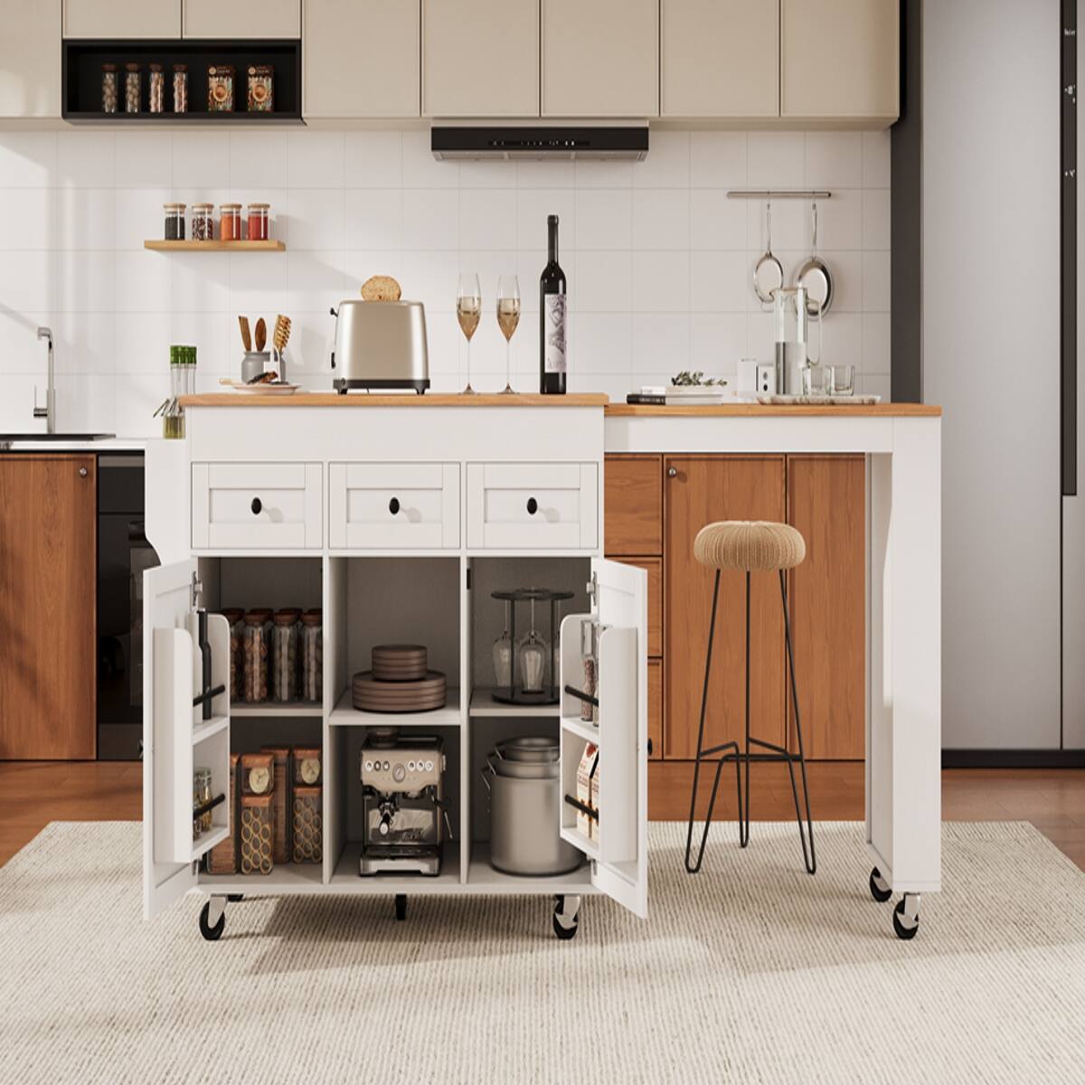 Alt View 8. Loheer - Loheer 85.5" Kitchen Island with Extendable Dining Table, Rolling Kitchen Island with Power Outlet, White - White.