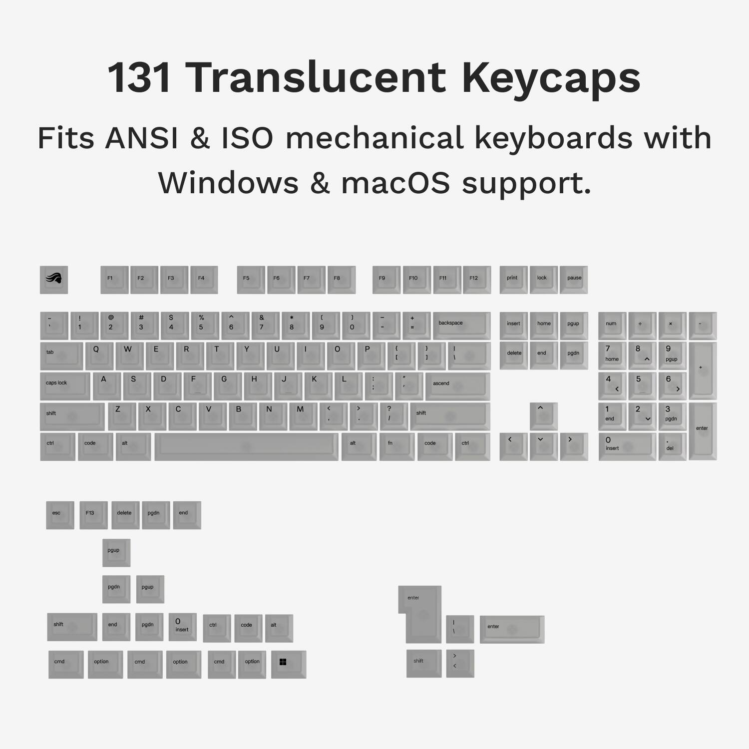 131 Translucent Keycaps Fits ANSI & ISO mechanical keyboards with Windows & macOS support.