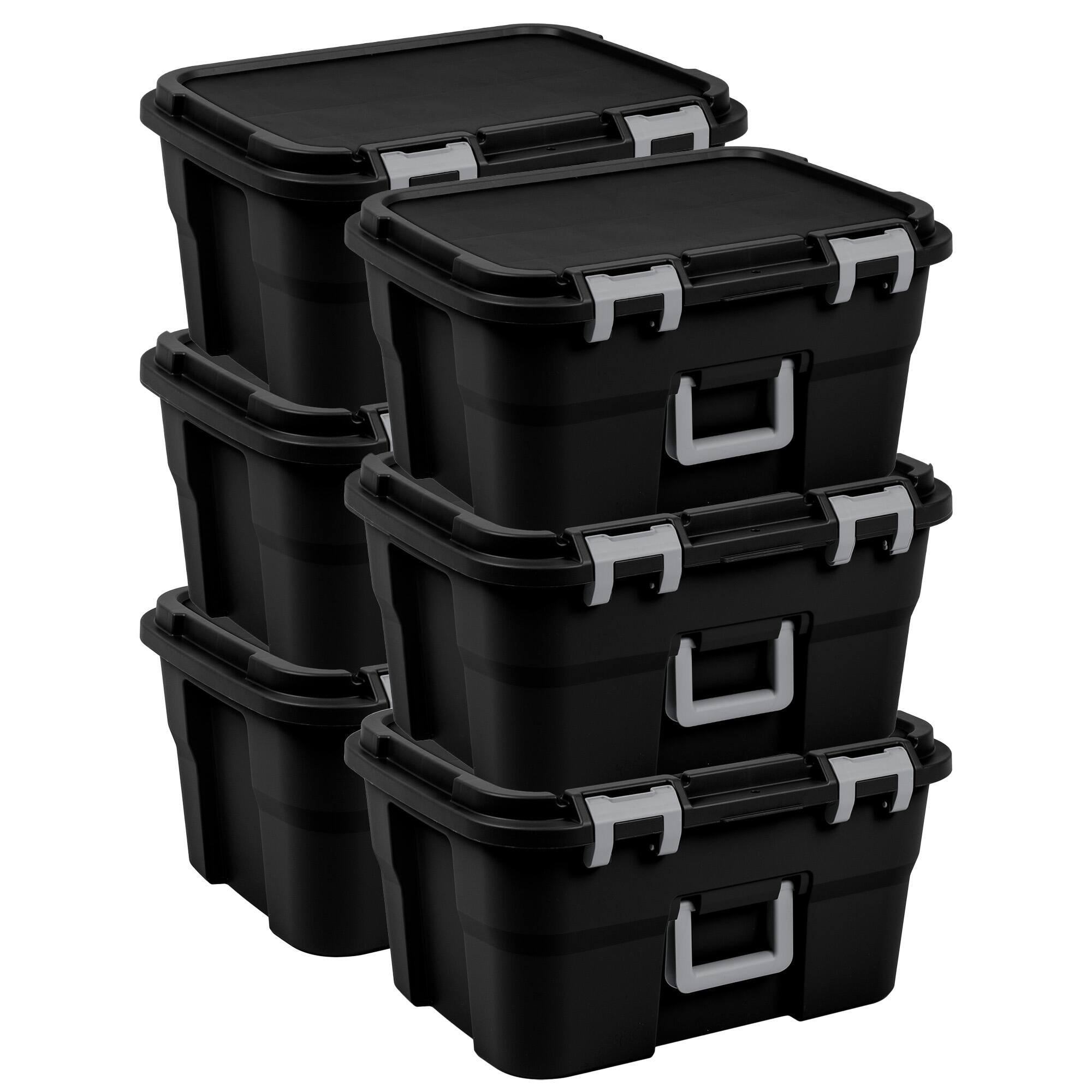 Front. Sterilite - Sterilite Footlocker, 14 Gal Plastic Storage Container with Lid, Black, 6 Pack.