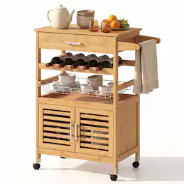 Costway - Bamboo Rolling Kitchen Island Trolley with Storage Cabinet, Wine Rack, Towel Rack - Natural