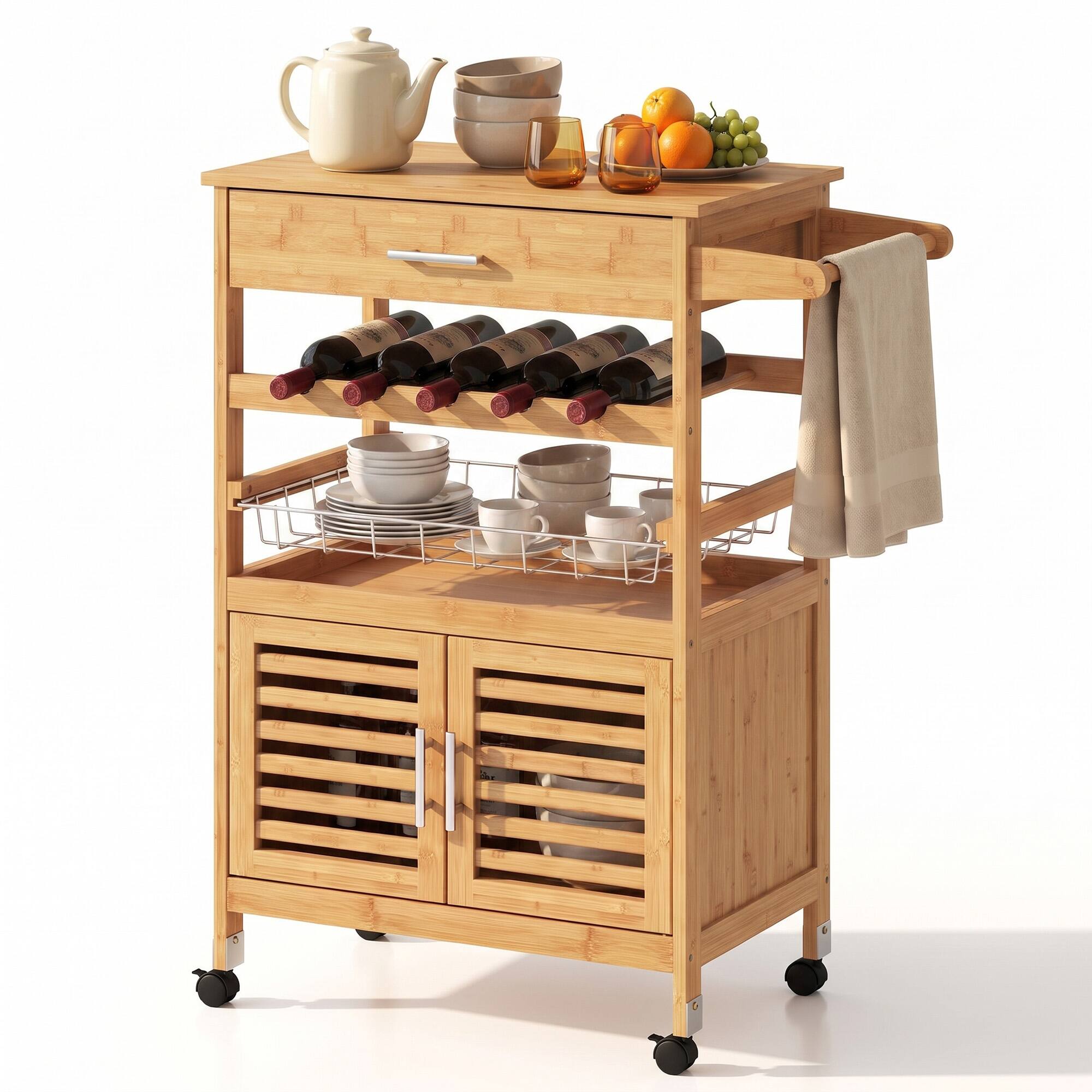 Front. Costway - Costway Bamboo Rolling Kitchen Island Trolley with Storage Cabinet, Wine Rack, Towel Rack - Natural.