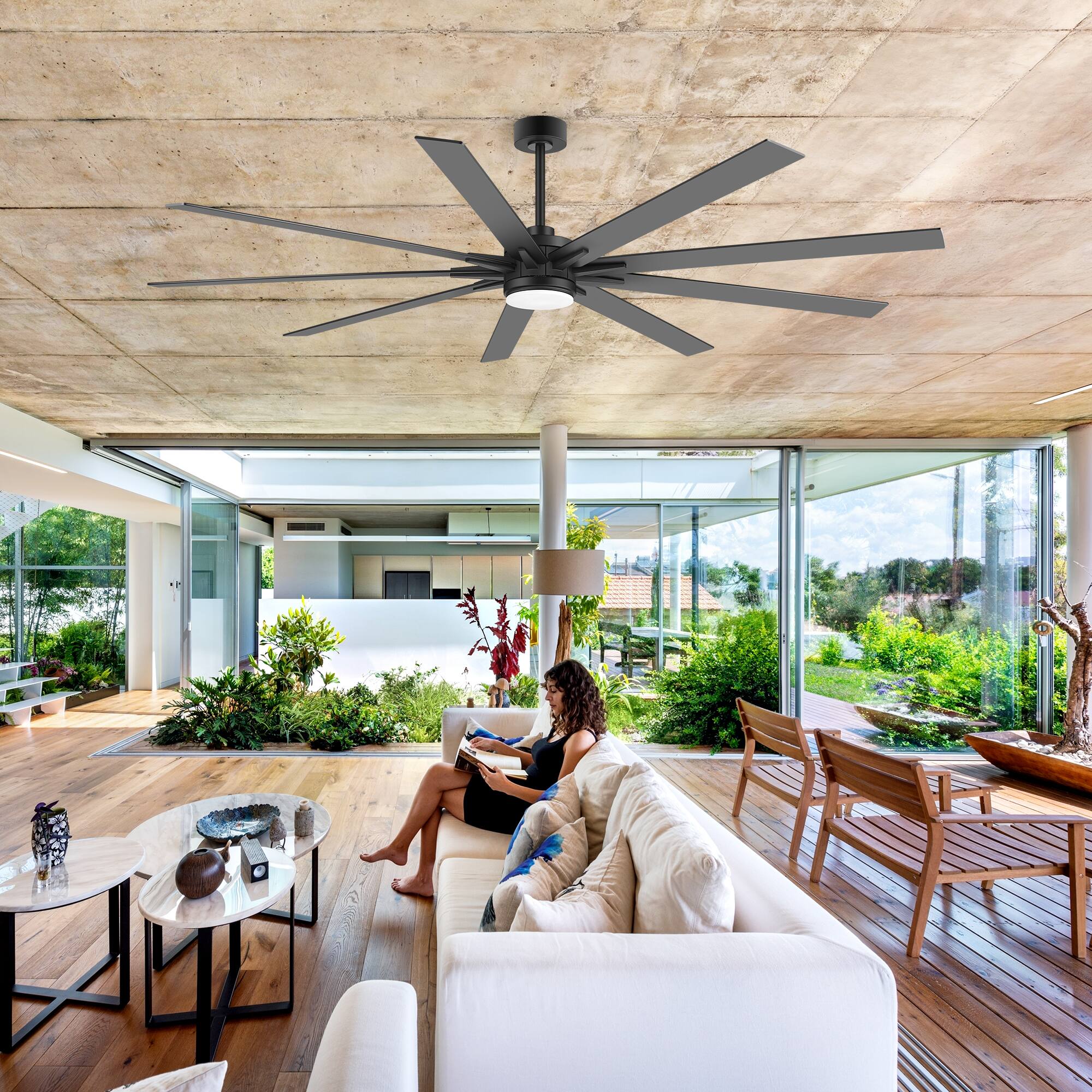 Alt View 7. Breezary - 72/84 Inch LED Ceiling Fan, 9 Blades, 24W LED Light, DC Motor, 6 Speeds, Memory Function, Timer, Remote & Downrod Mount - 84-in Black.