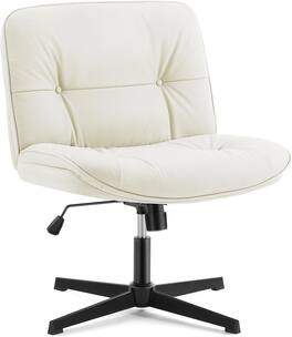 AOITUN - Criss Cross Leg Chair, Armless Desk, PU Leather Wide Armless Office Chair, Swivel Height Adjustable,No Wheels, White - Beige