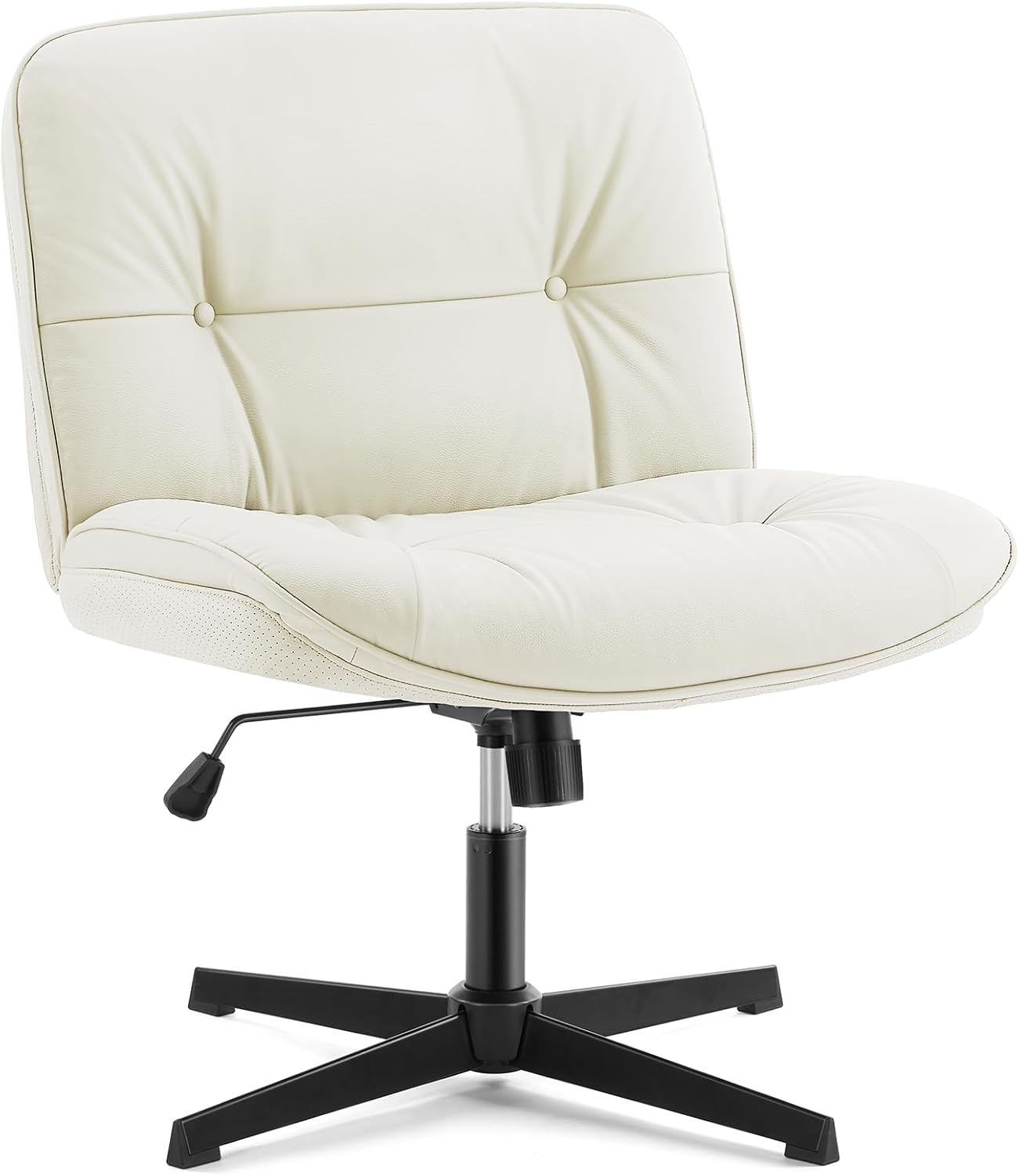 Front. AOITUN - Criss Cross Leg Chair, Armless Desk, PU Leather Wide Armless Office Chair, Swivel Height Adjustable,No Wheels, White - Beige.
