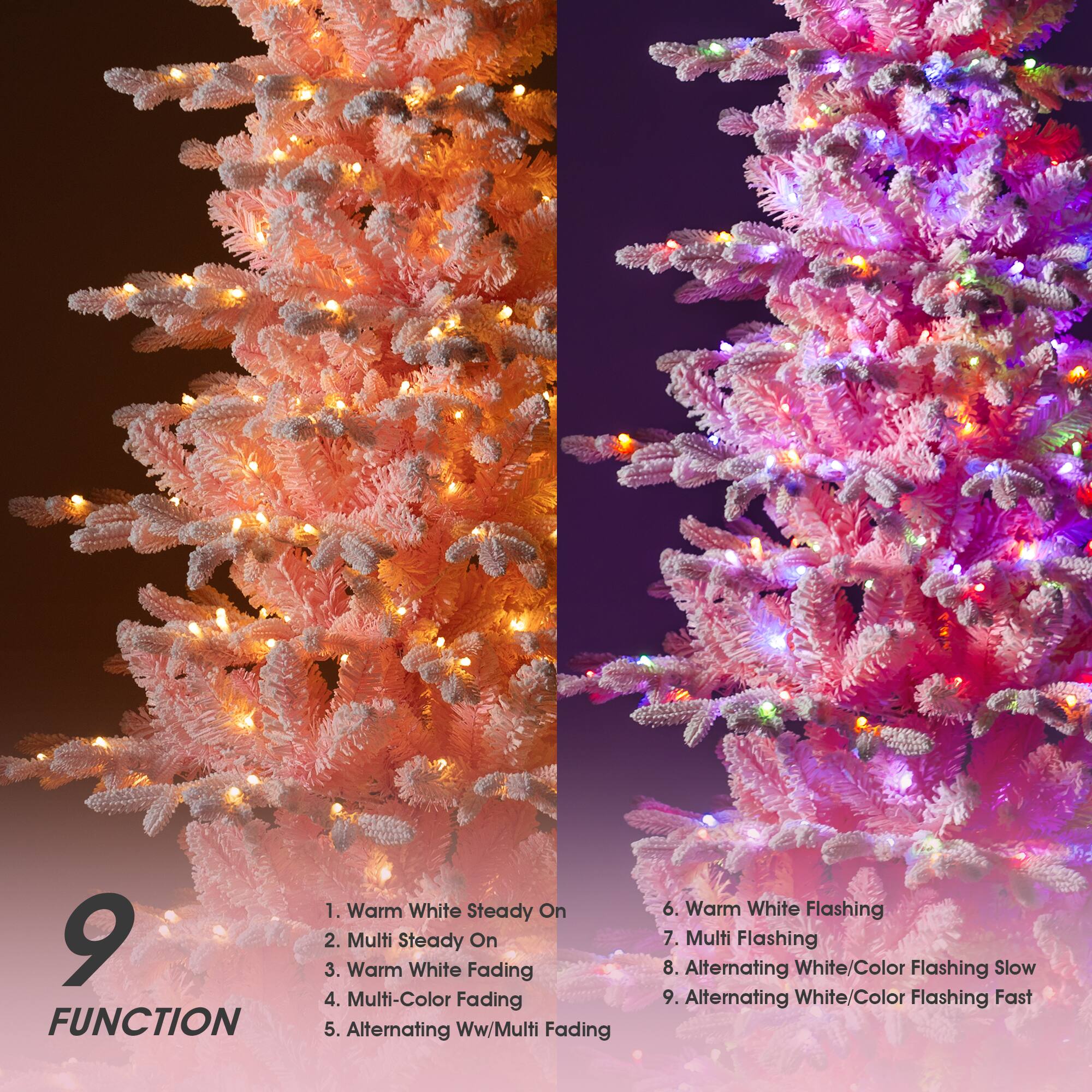 9 FUNCTION
1. Warm White Steady On
2. Multi Steady On
3. Warm White Fading
4. Multi-Color Fading
5. Alternating Ww/Multi Fading
6. Warm White Flashing
7. Multi Flashing
8. Alternating White/Color Flashing Slow
9. Alternating White/Color Flashing Fast
