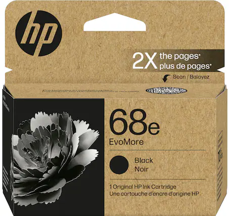 hp the pages 2X plus de pages* Scan / Balayez 68e EvoMore Black Noir 74 1 Original HP Ink Cartridge Une cartouche d'encre d'origine HP