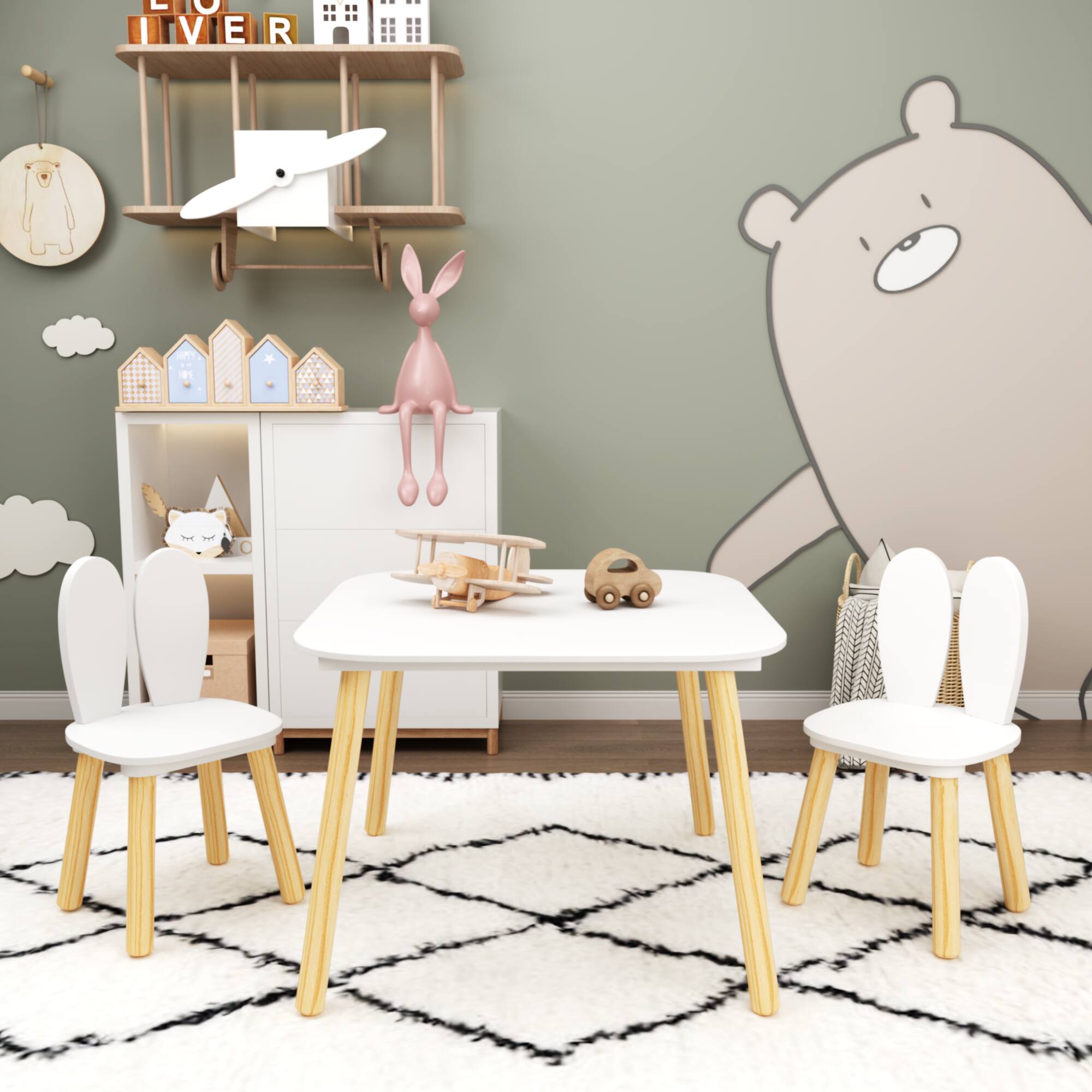 Alt View 4. Tiramisubest - Kids Table with 2 Chairs,3-Piece Rabbit Themed Toddler Table and Chair Set,Children Wooden Activity Play Table Set,White - White.