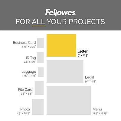 Fellowes  
FOR ALL YOUR PROJECTS

- Business Card: 2.25" x 3.75"
- ID Tag: 2.6" x 3.9"
- Luggage: 4.25" x 2.25"
- File Card: 3.5" x 5.5"
- Photo: 4.5" x 6.25"
- Letter: 9" x 11.5"
- Legal: 9" x 14.5"
- Menu: 11.5" x 17.75"