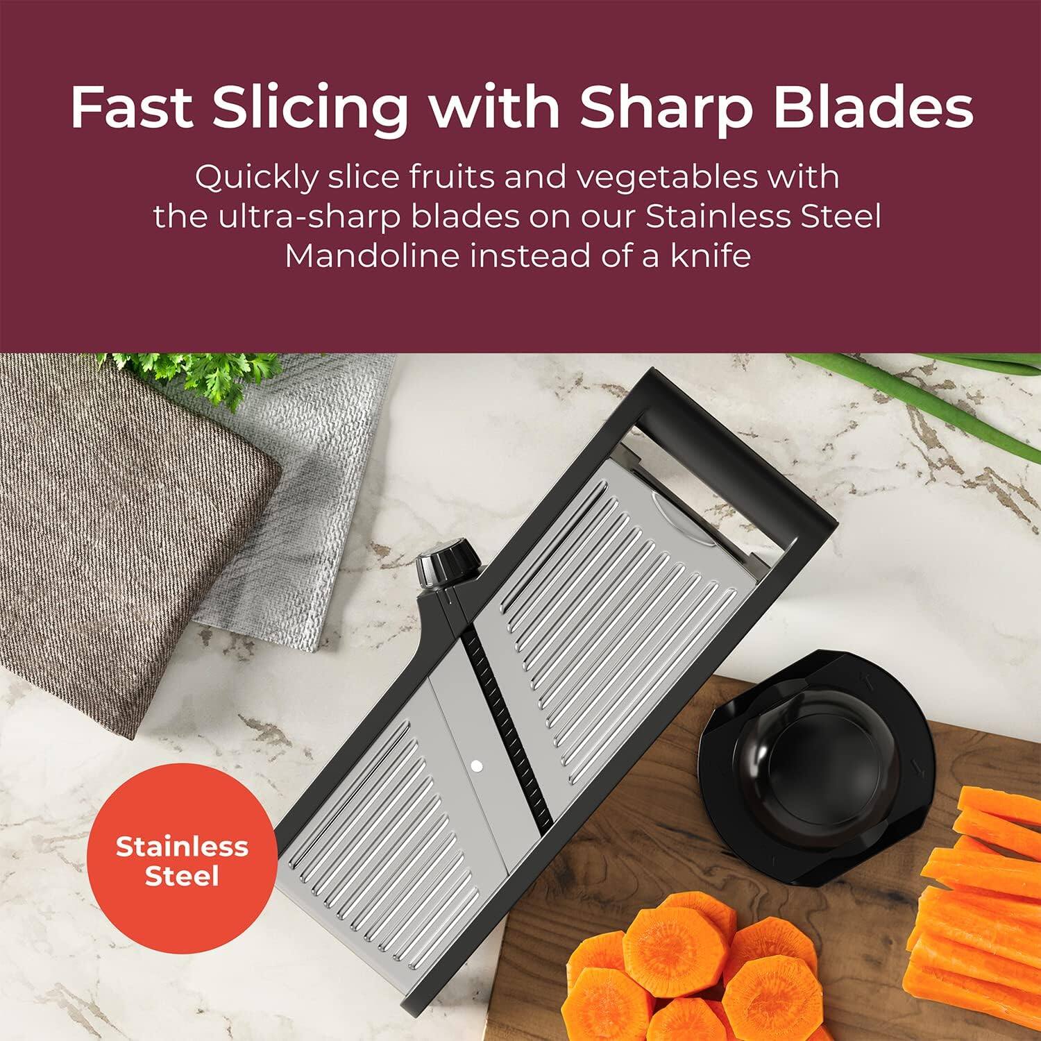 Fast Slicing with Sharp Blades

Quickly slice fruits and vegetables with the ultra-sharp blades on our Stainless Steel Mandoline instead of a knife

Stainless Steel