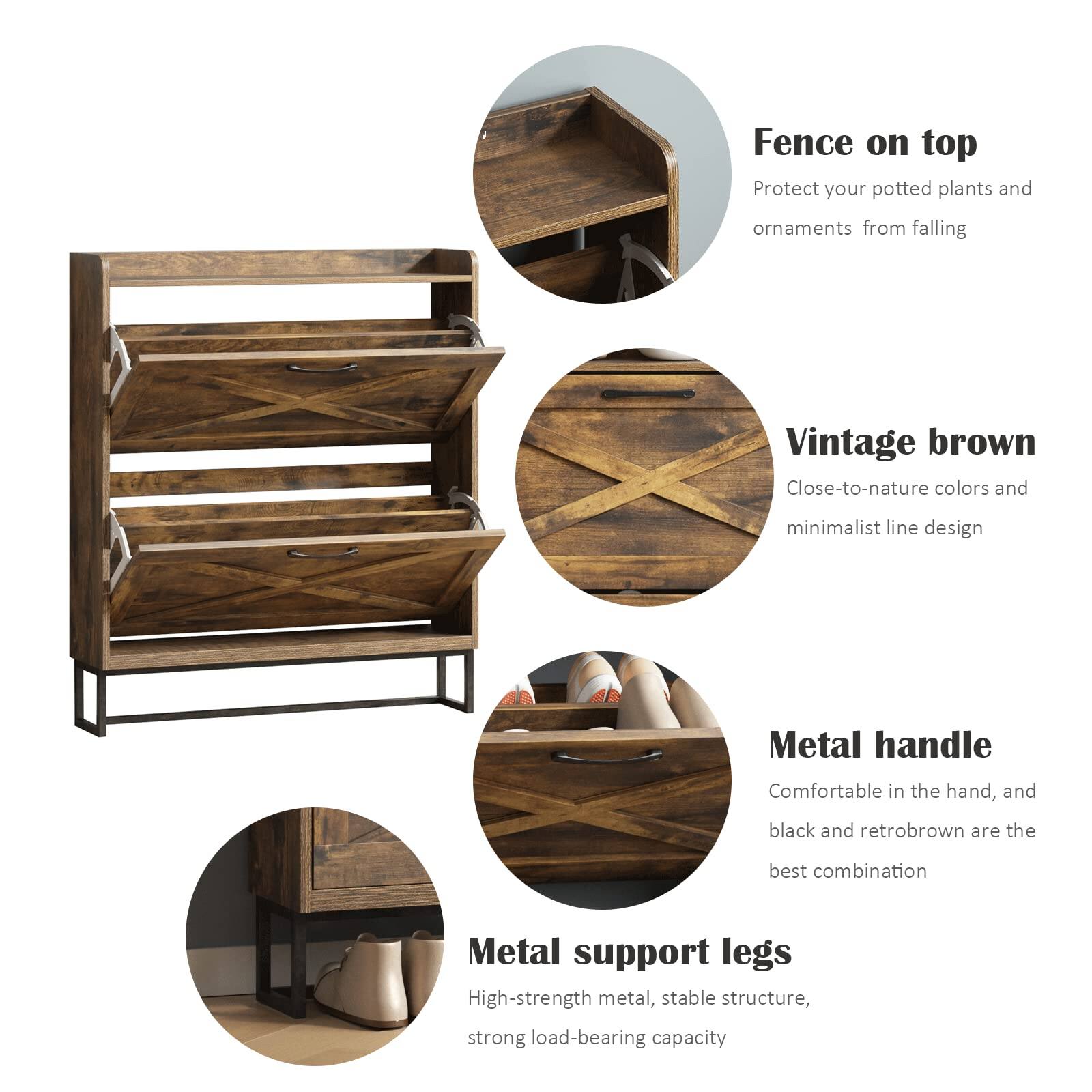 - **Fence on top**
  - Protect your potted plants and ornaments from falling

- **Vintage brown**
  - Close-to-nature colors and minimalist line design

- **Metal handle**
  - Comfortable in the hand, and black and retro brown are the best combination

- **Metal support legs**
  - High-strength metal, stable structure, strong load-bearing capacity