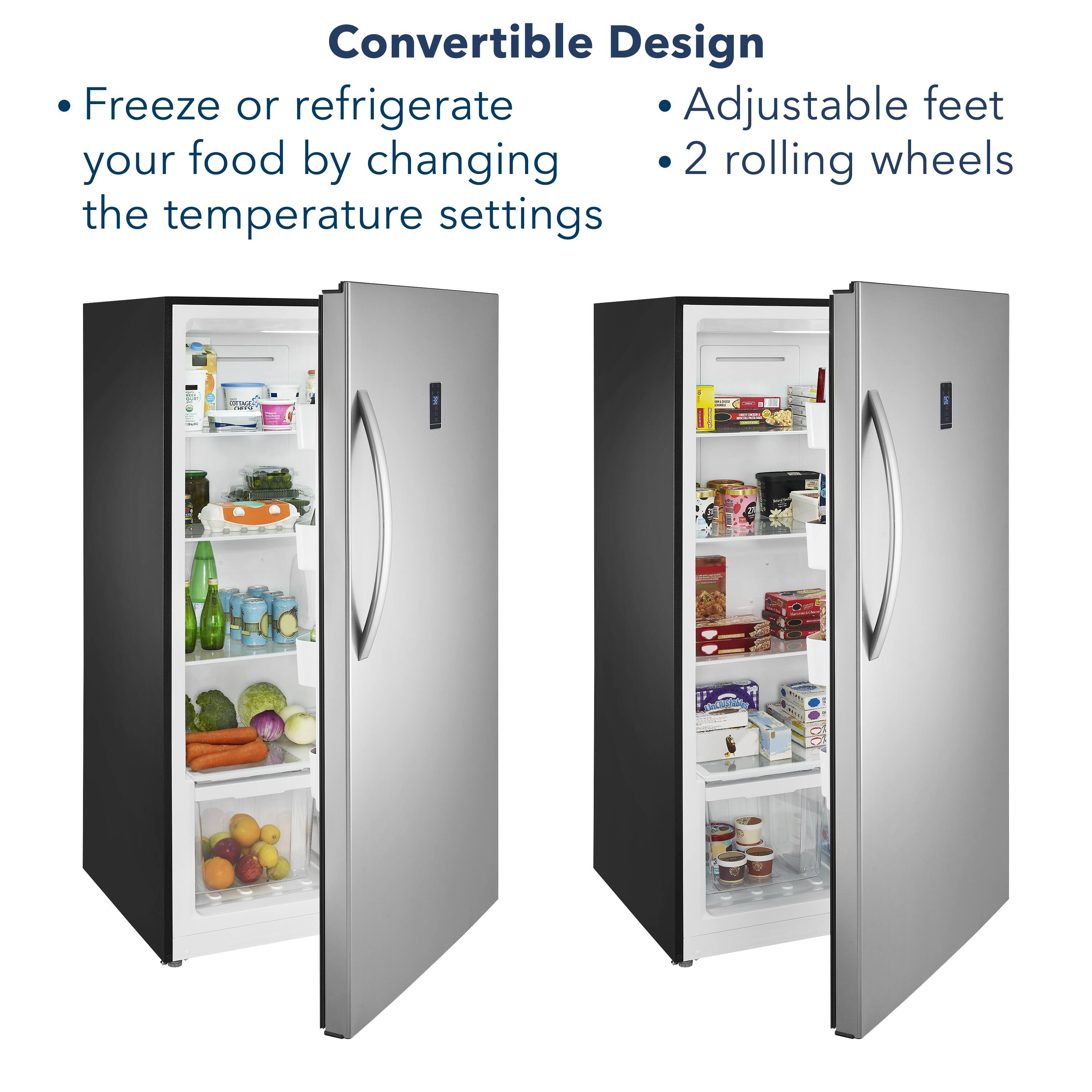 Convertible Design: Freeze or refrigerate your food by changing the temperature settings. Adjustable feet ensure stability on uneven surfaces.