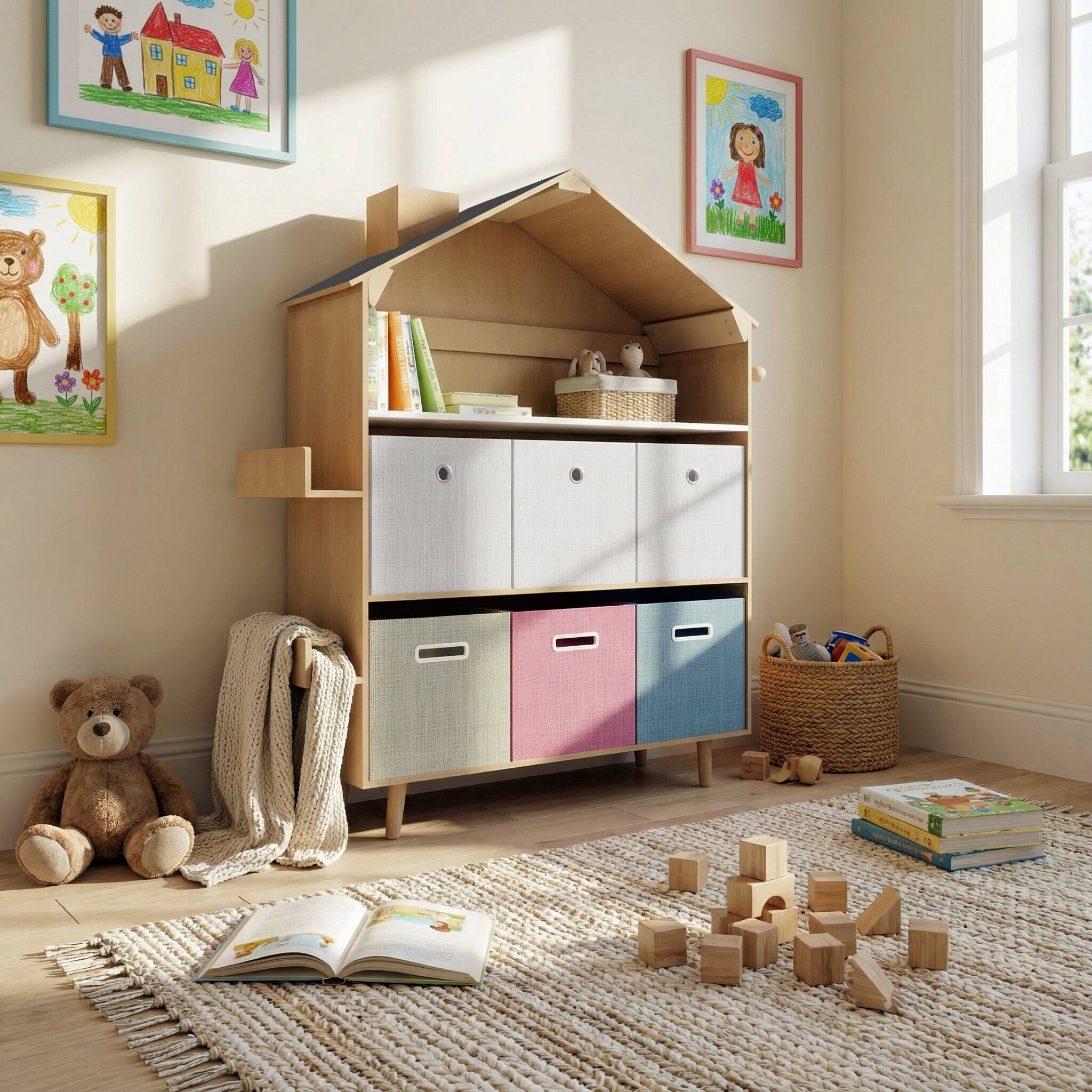 Alt View 2. Malletson - House-Shaped Children's Storage Rack / Toy Storage Organizer With Bookself and Fabric Bins for Kids' Rooms, Playrooms - Multicolor.