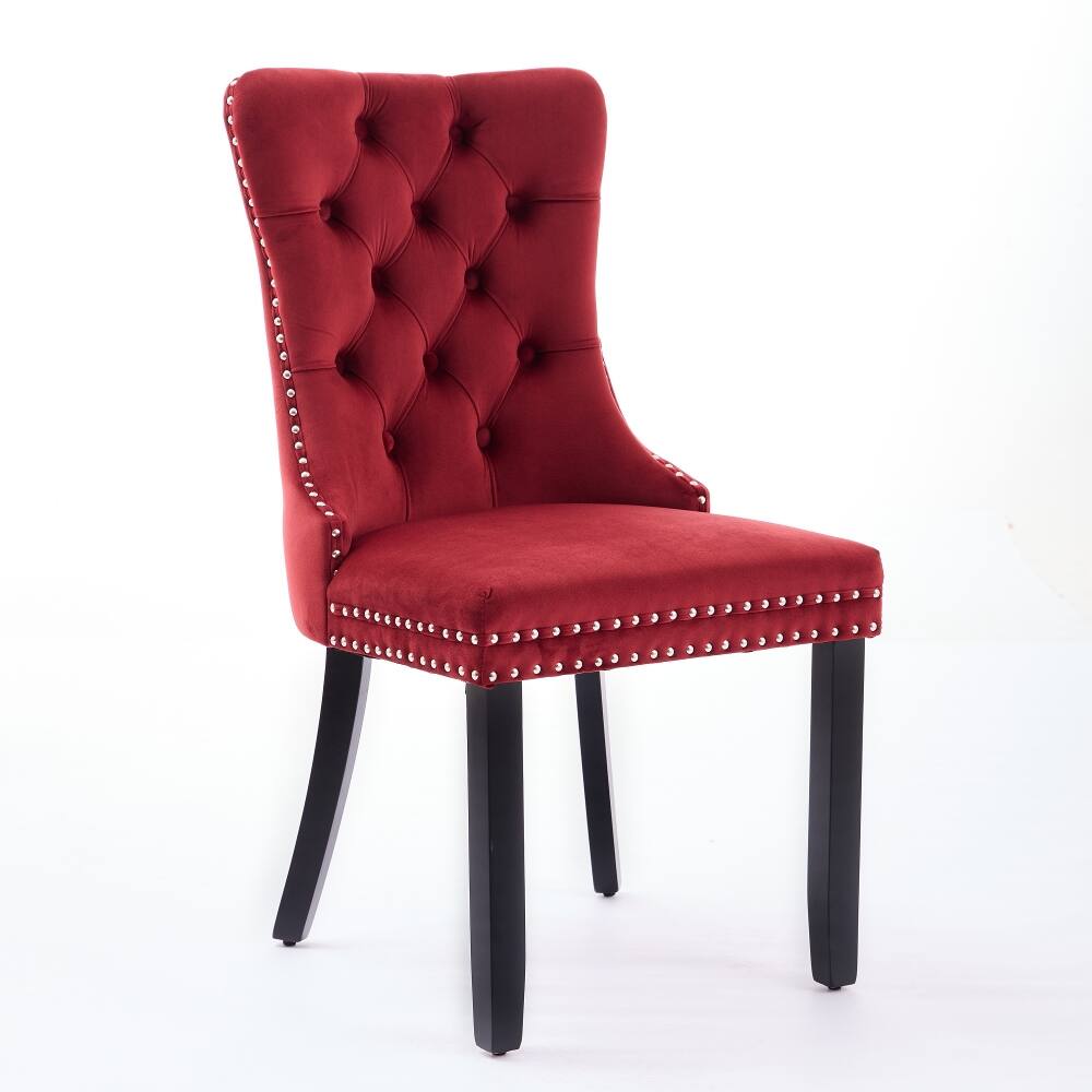 Left. Loheer - Loheer Burgundy Velvet Tufted Dining Chairs Set of 2 High Back Solid Wood Legs - Burgundy.
