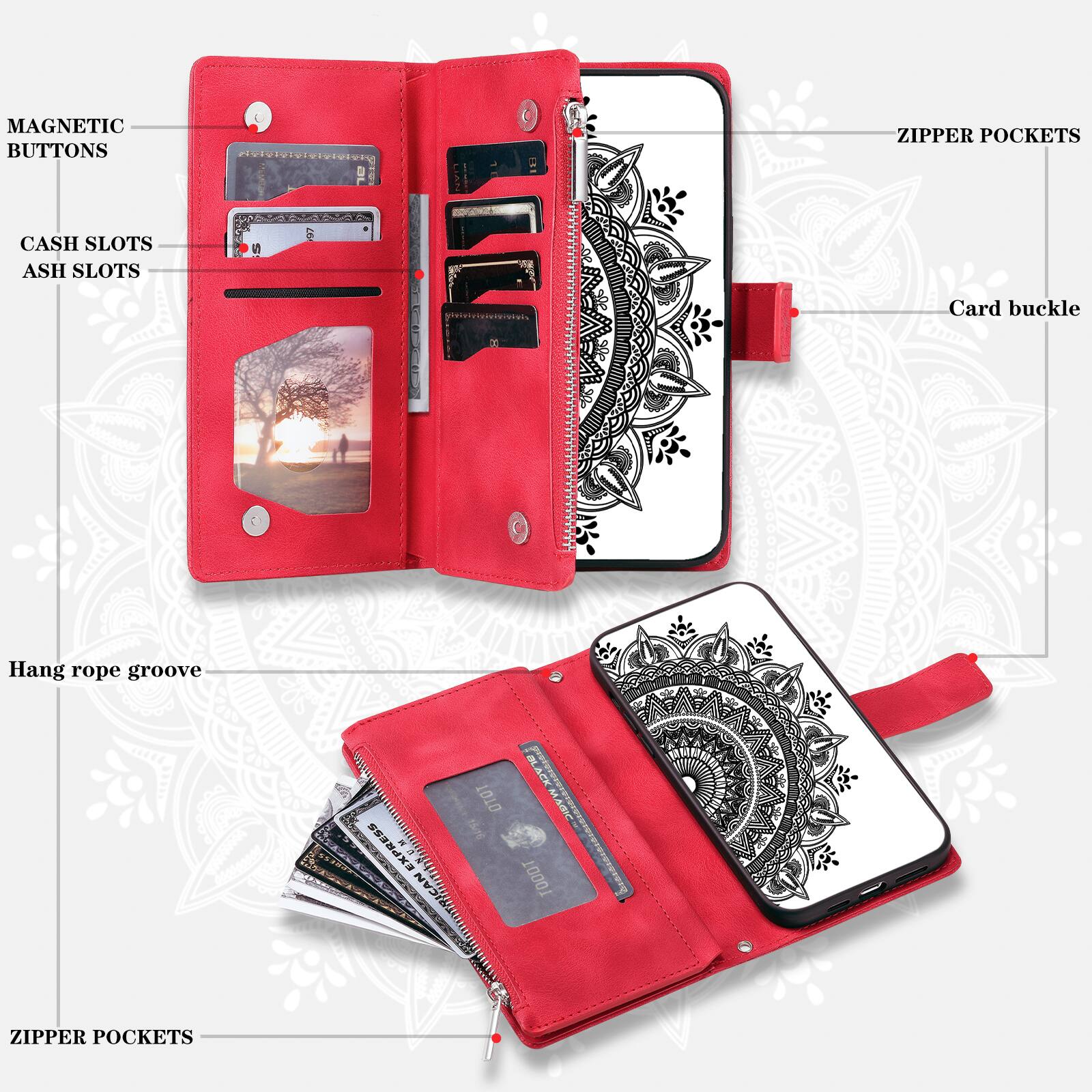 MAGNETIC BUTTONS  
ZIPPER POCKETS  
CASH SLOTS  
ASH SLOTS  
Card buckle  
Hang rope groove  
ZIPPER POCKETS