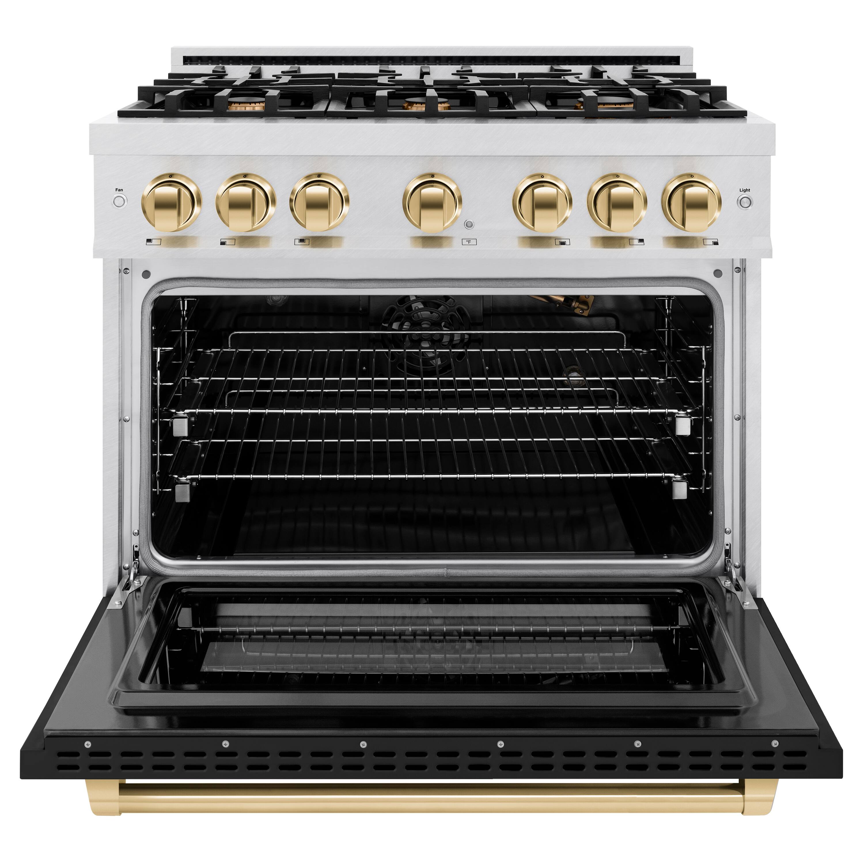 Left. ZLINE - ZLINE Autograph 36 in. Freestanding Select Satin Steel Gas Range w/ Black Door & Gold Accents - Satin Stainless Steel.