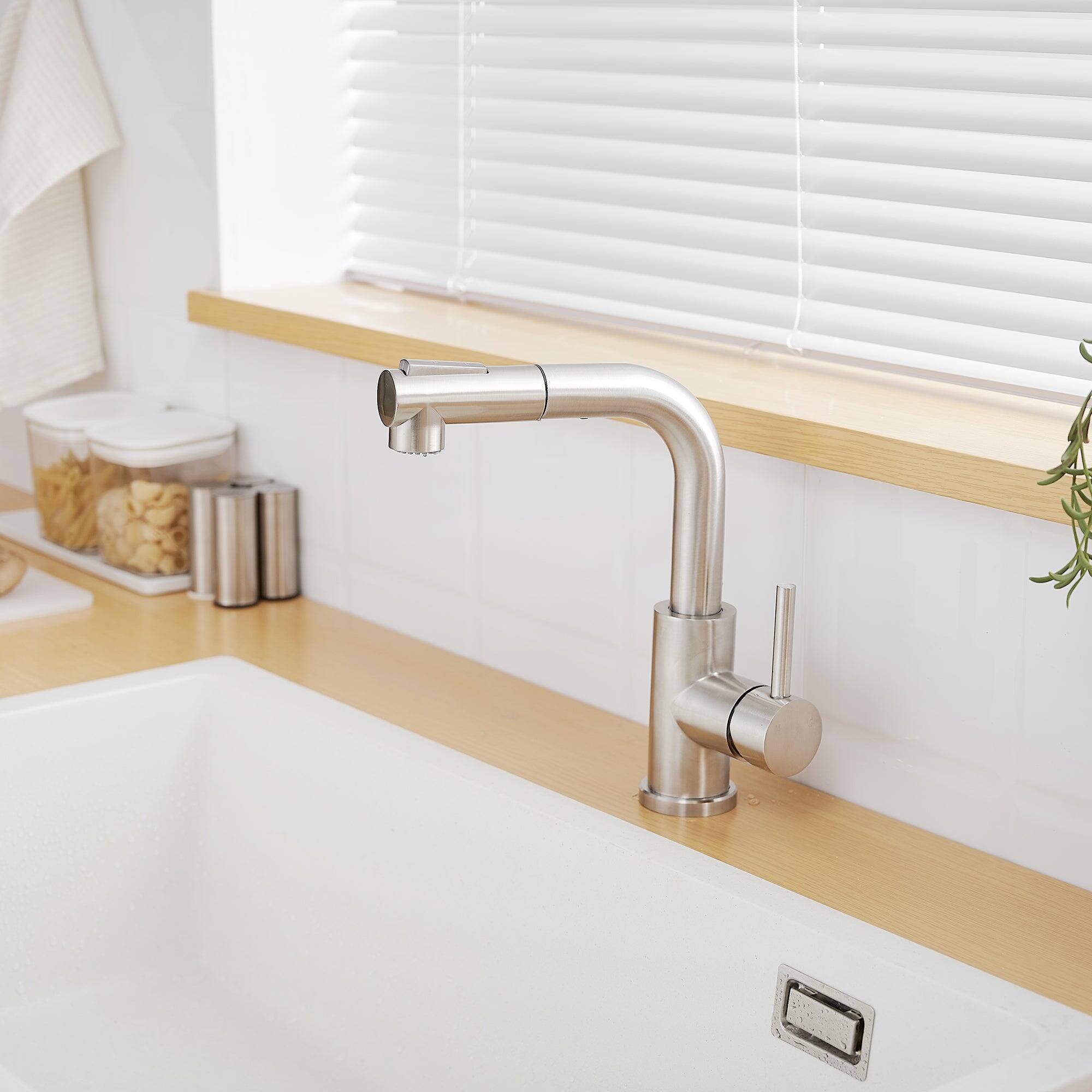 Left. Boyel Living - Brushed Nickel 2 Spray Patterns Stainless Steel Pull Out Kitchen Faucet with Water Supply Hoses - Brushed Nickel.