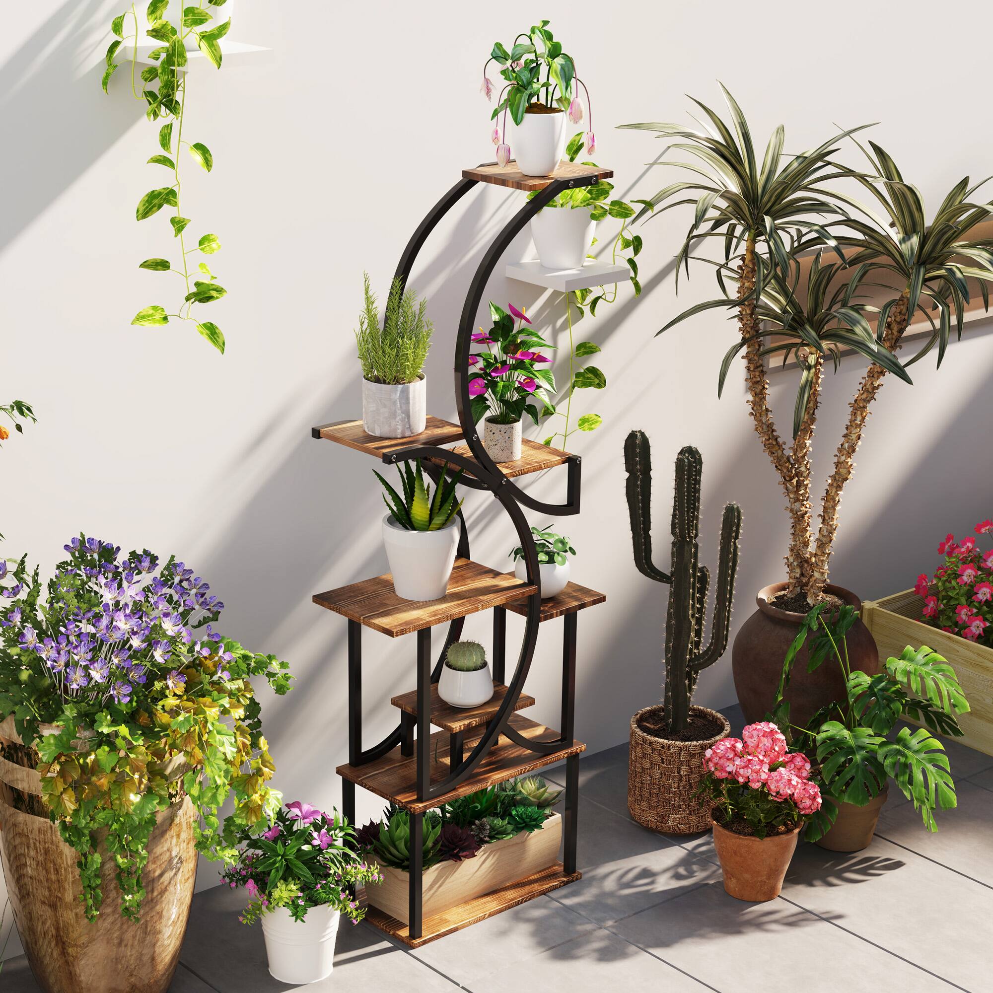 Alt View 7. Outsunny - 8 Tier Plant Stand Indoor, 62" Tall Plant Shelf, S-Shaped Plant Rack for Multiple Plants, Corner Plant Flower Holder - Carbonized.