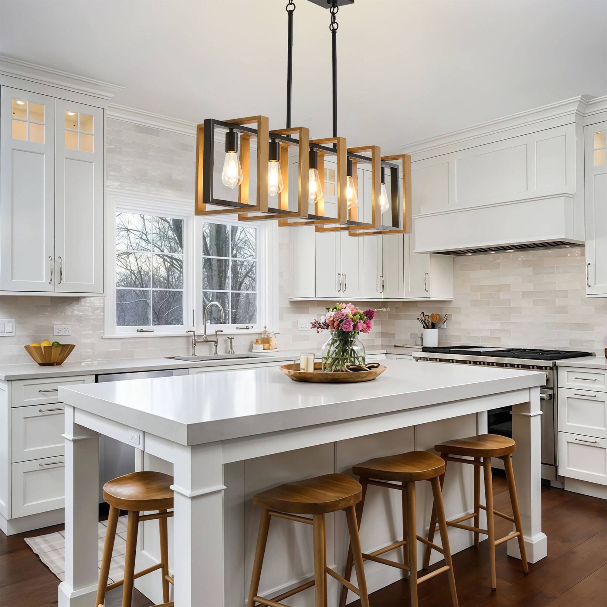 Left. RYHNUYNE - 42" Kitchen Island Lighting, 5 Lights Farmhouse Dining Room Light Fixture, Rustic Wood Linear Chandelier for Dining Room - Black.