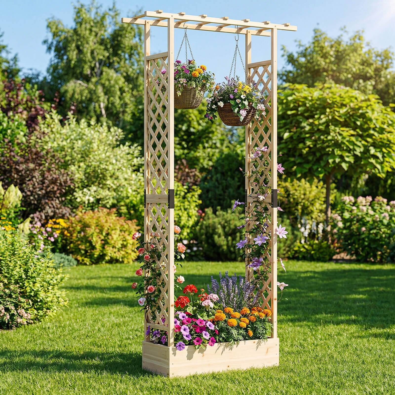 Alt View 1. Costway - Costway 1 PCS 89" Wooden Raised Garden Bed with Trellis & Hanging Roof, Drainage Holes for Patio - Natural.