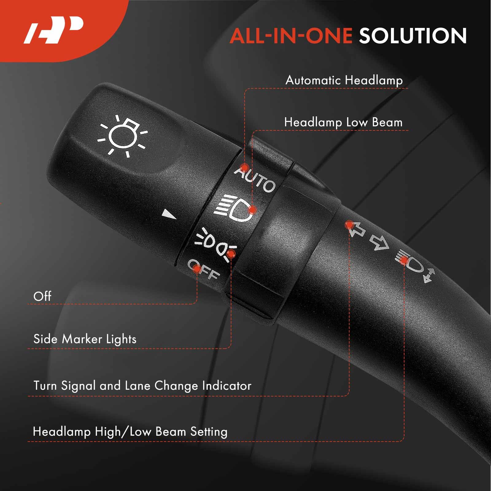 Sure, here is the corrected and grouped text from the image:

---

**ALL-IN-ONE SOLUTION**

- **Automatic Headlamp**
- **Headlamp Low Beam**
- **Off**
- **Side Marker Lights**
- **Turn Signal and Lane Change Indicator**
- **Headlamp High/Low Beam Setting**

---
