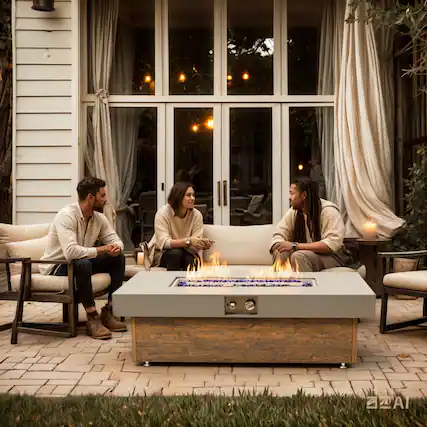Front. PexFix - 48" Propane Fire Pit Table, 50,000 BTU Outdoor Heater with Wood Grain Finish & Cover for Patio - Brown.