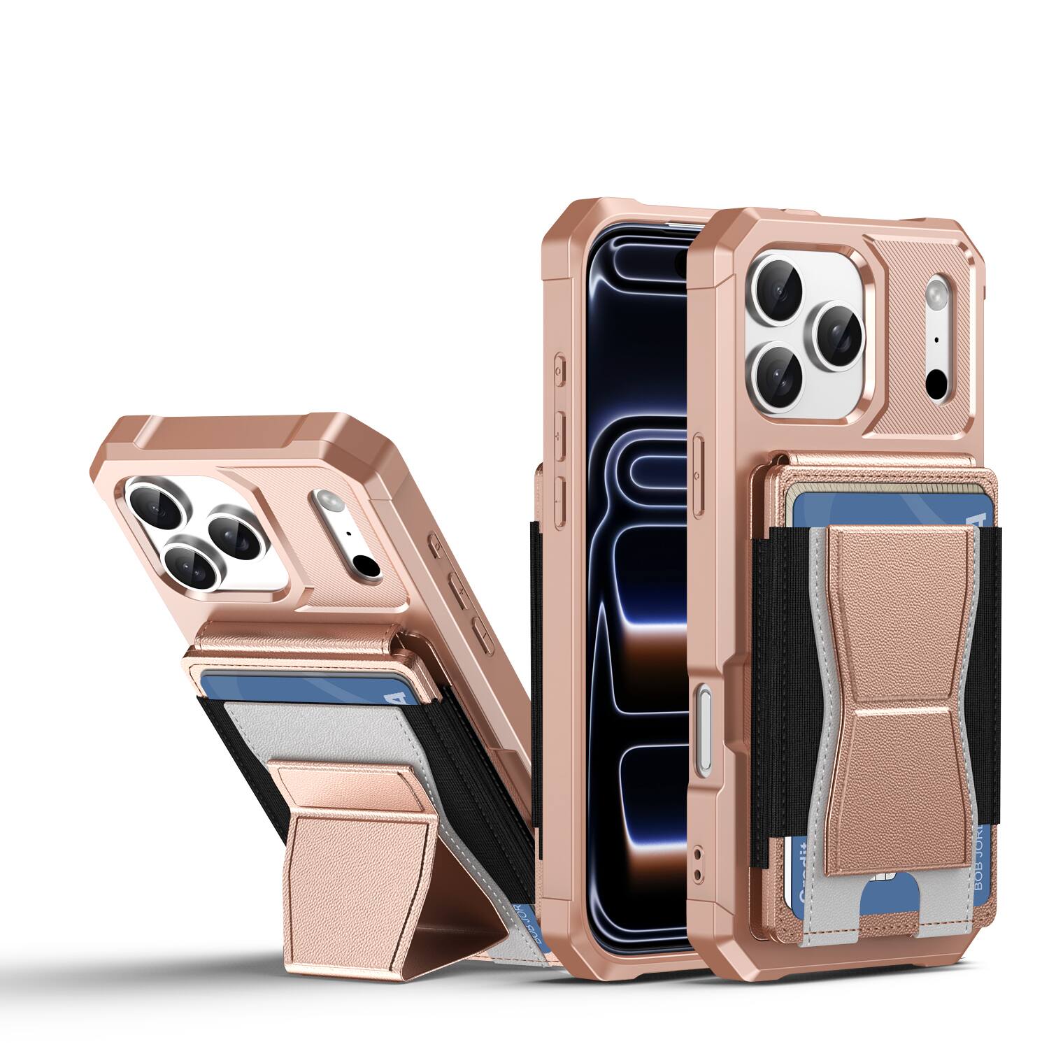 Angle. Dteck - Rugged Wallet Case for Apple iPhone 17 Pro Max, Shockproof Protective Cover with Elastic Card Holder and Kickstand - Rosegold.
