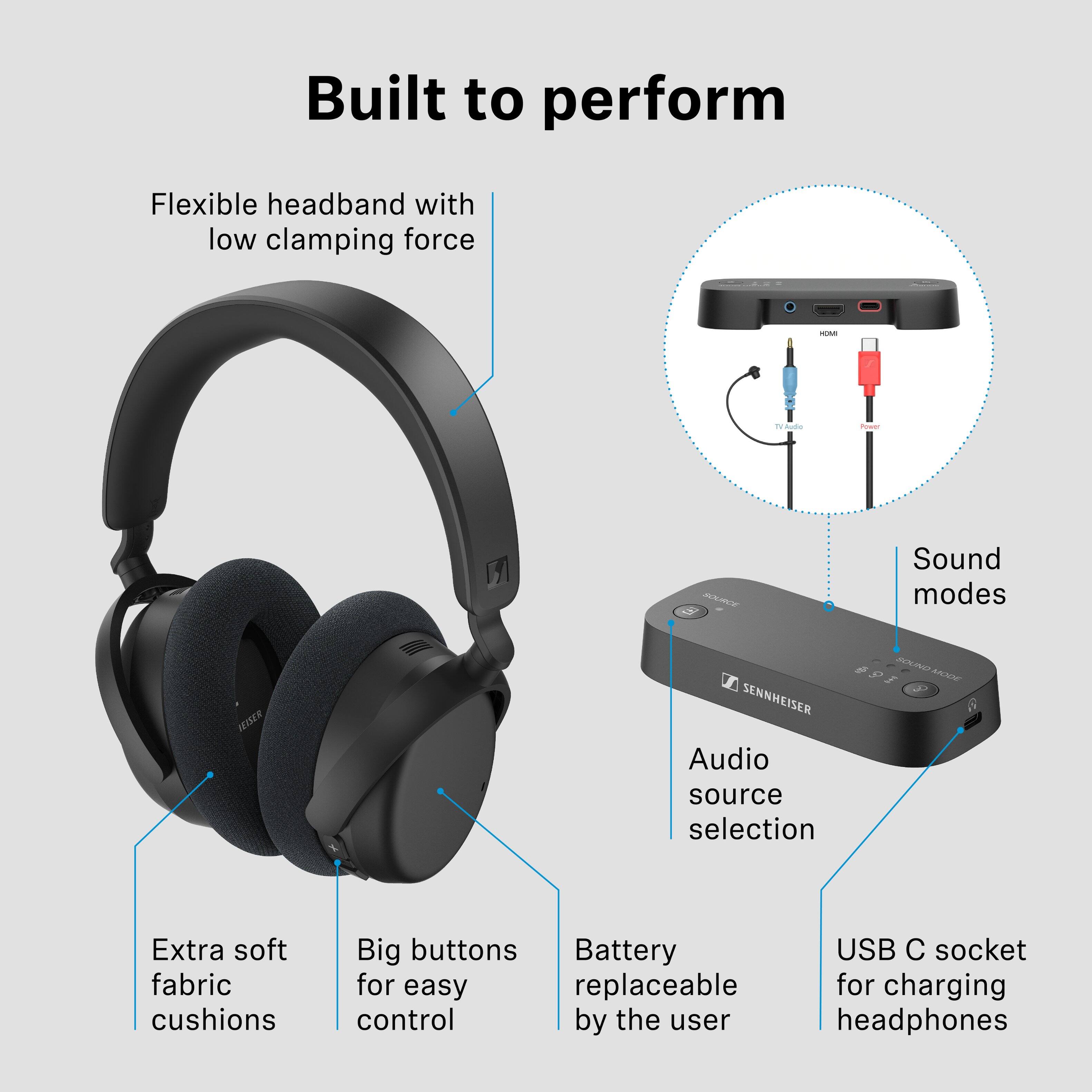 Built to perform

- Flexible headband with low clamping force
- Extra soft fabric cushions
- Big buttons for easy control
- Battery replaceable by the user
- USB C socket for charging headphones
- Audio source selection
- Sound modes