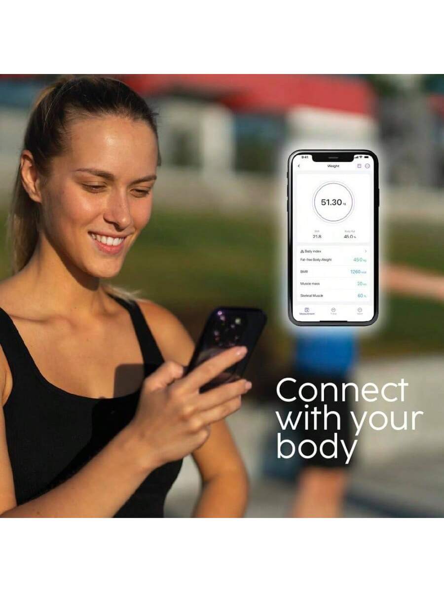 Sure, here is the corrected and grouped text:

---

**4.4 Wegee 51.30 - P18 40**

**Taty nte -ae Body Weight 450 - 1260**

**Musre mas so Setcl Mosce 40**

**Connect with your body**

---

This text appears to be a mix of product information and a slogan.