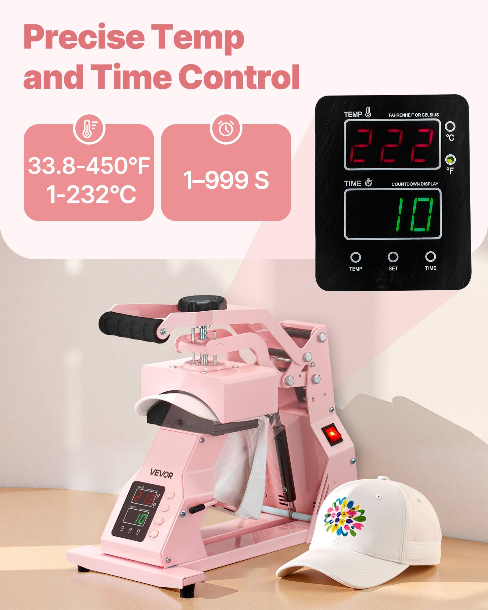 Precise Temp and Time Control

33.8-450°F 1-999 S 1-232°C

TEMP FAHRENHEIT OR CELSIUS C 222 F TIME COUNTDOWN DISPLAY 10 O O O TEMP SET TIME

VEVOR O 2.13 10 0 8 8