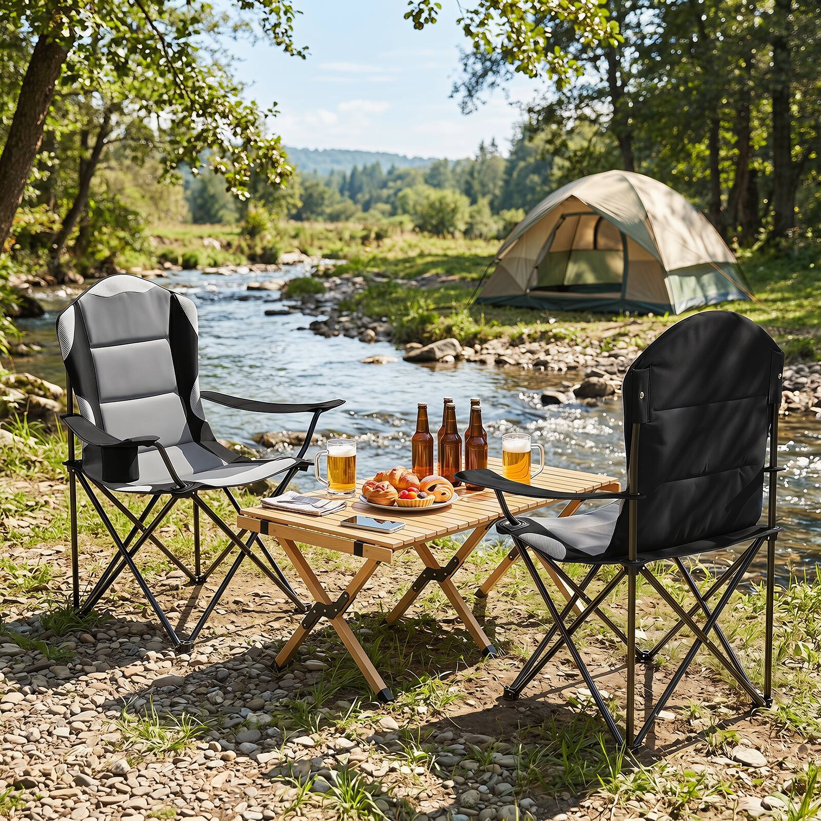 Alt View 1. Gymax - Gymax 2 Pieces Folding Camping Chairs w/ Cup Holders & Carrying Bags Padded Seat Black & Gray - Black.