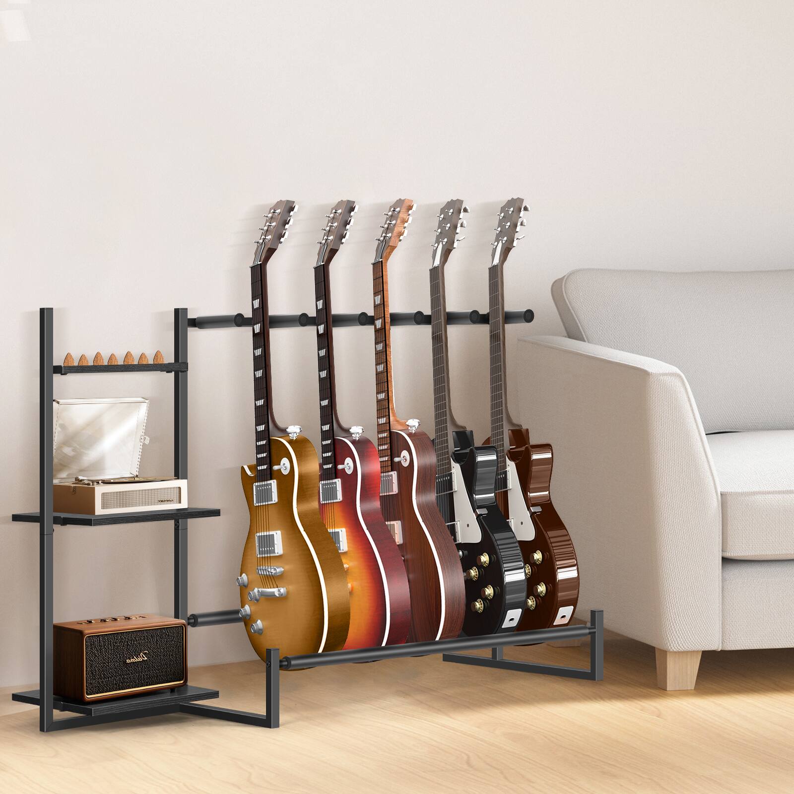 Angle. Oumilen - 5-Slot Guitar Stand with Storage Shelves, Matte Black Metal Frame & Black Wood Boards - Black.