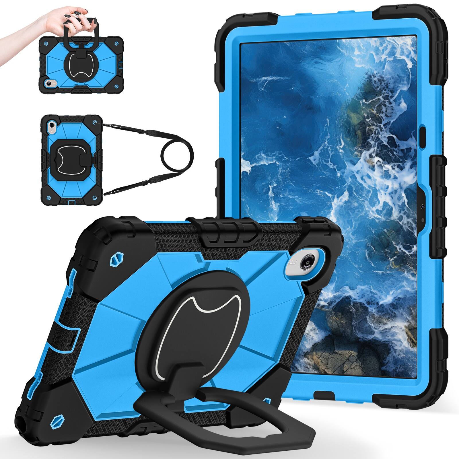 Angle. UUCOVER - Shockproof Case for Lenovo Idea Tab 11 inch (TB336) 2025 /K11 Gen 2 360° Rotating Stand Hand Grip Cover+Shoulder Strap - Black+Blue.