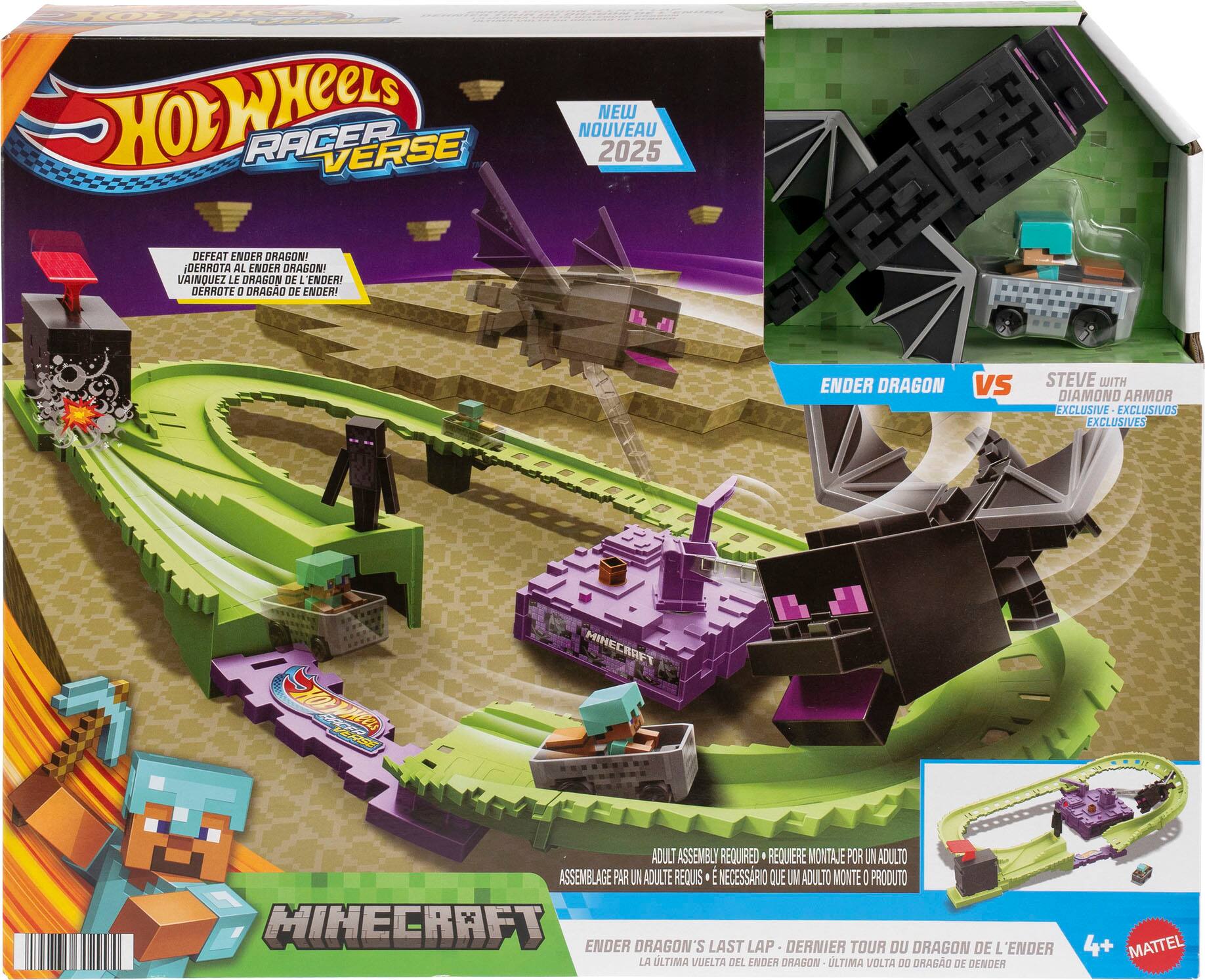 Sure, here is the corrected and grouped text from the image:

---

**Hot Wheels Racer Verse**

**NEW 2025**

**DEFEAT ENDER DRAGON!**  
**DERROTA AL ENDER DRAGON!**  
**VAINQUEZ LE DRAGON DE ENDER!**  
**DERROTE O DRAGO DE ENDER!**

**ENDER DRAGON VS STEVE WITH DIAMOND ARMOR**  
**EXCLUSIVOS EXCLUSIVES**

**ADULT ASSEMBLY REQUIRED**  
**REQUIERE MONTAJE POR UN ADULTO**  
**ASSEMBLAGE PAR UN ADULTE REQUIS**  
**NECESSÁRIO QUE UM ADULTO MONTE O PRODUTO**

**ENDER DRAGON'S LAST LAP**  
**DERNIER TOUR DU DRAGON DE L'ENDER**  
**LA ÚLTIMA VUELTA DEL ENDER DRAGON**  
**A ÚLTIMA VOLTA DO DRAGO DE ENDER**

**4+**

**MINECRAFT**

**MATTEL**

---