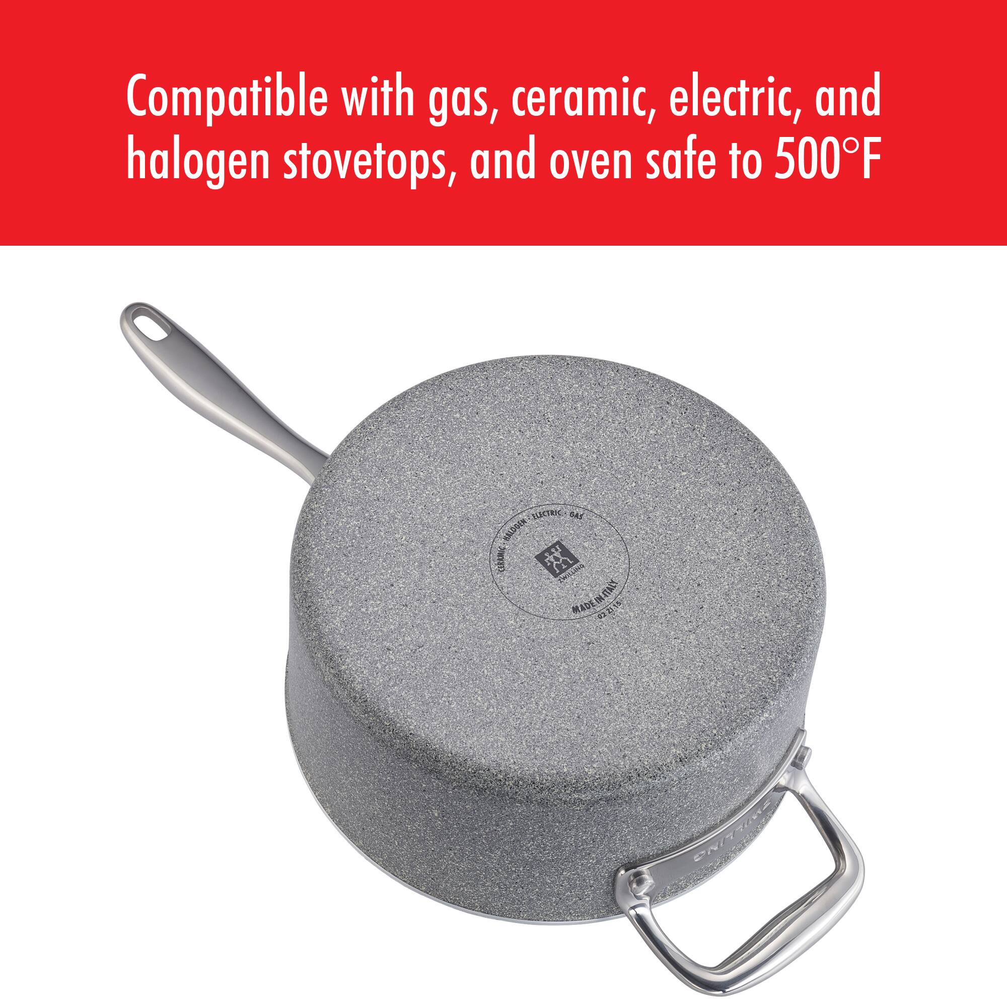 Compatible with gas, ceramic, electric, and halogen stovetops, and oven safe to 500°F