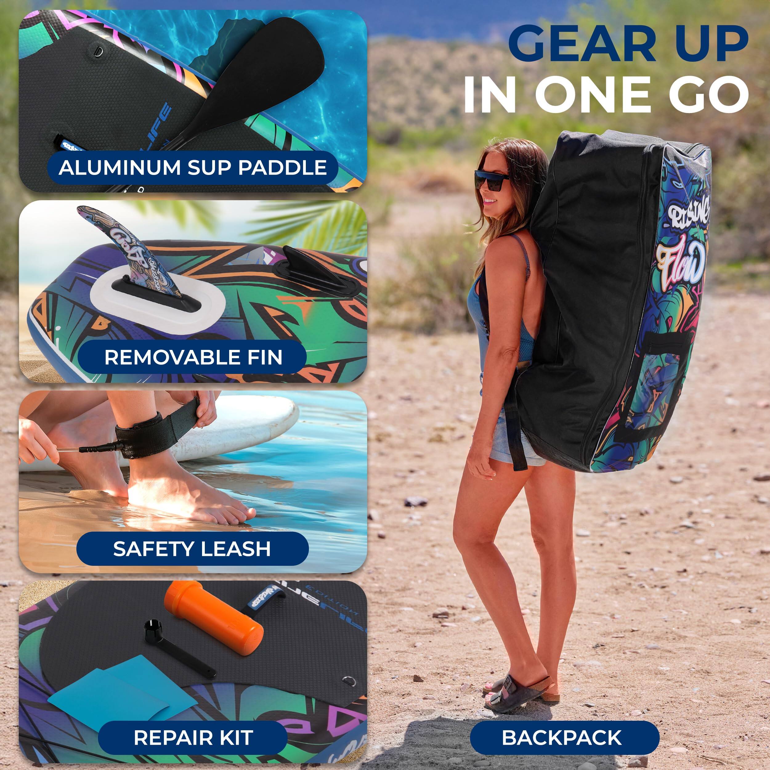 - ALUMINUM SUP PADDLE
- REMOVABLE FIN
- SAFETY LEASH
- REPAIR KIT
- BACKPACK
- GEAR UP IN ONE GO